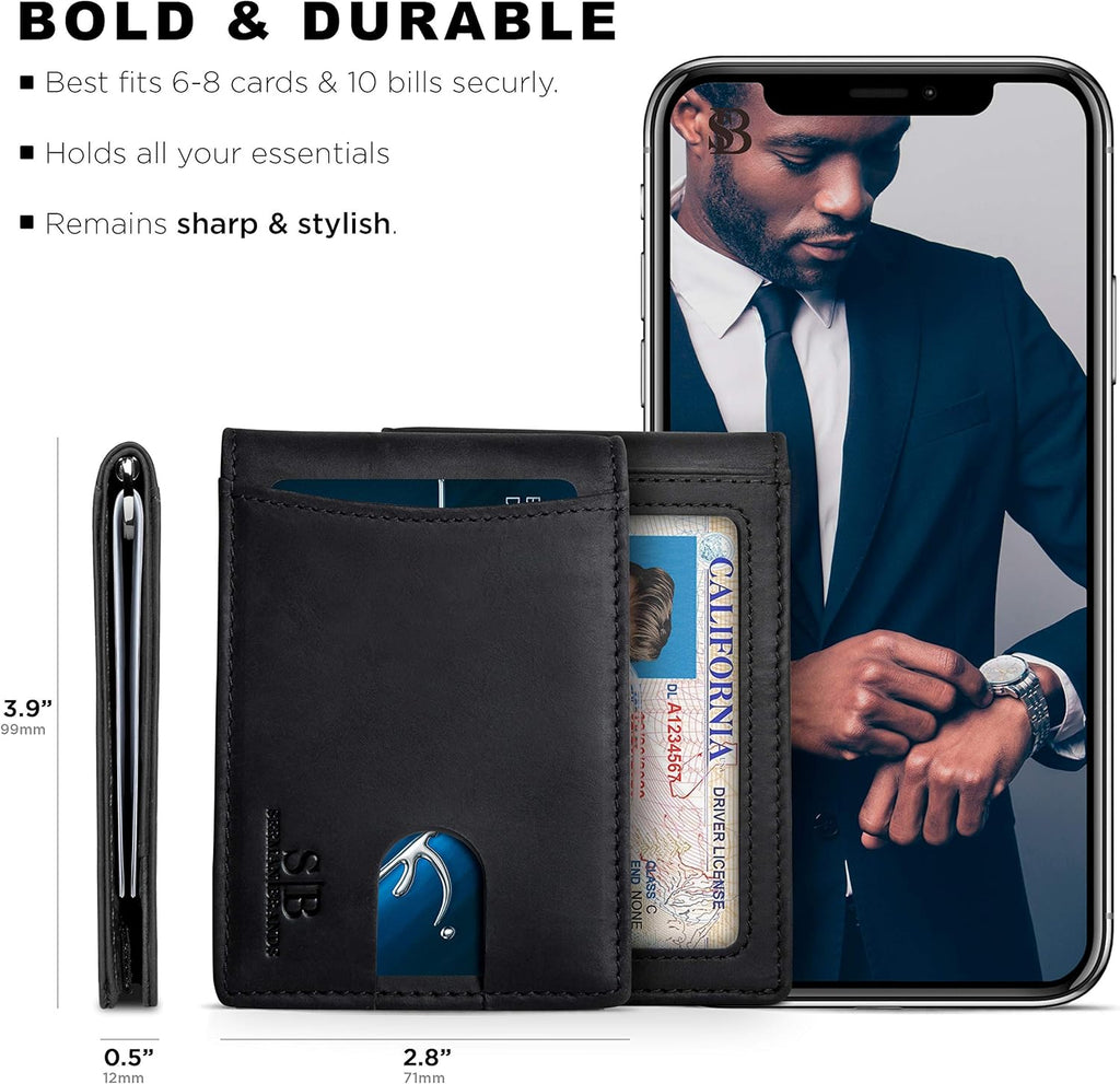 SERMAN BRANDS RFID Blocking Slim Bifold Genuine Leather Minimalist Front Pocket Wallets for Men with Money Clip Thin Gift