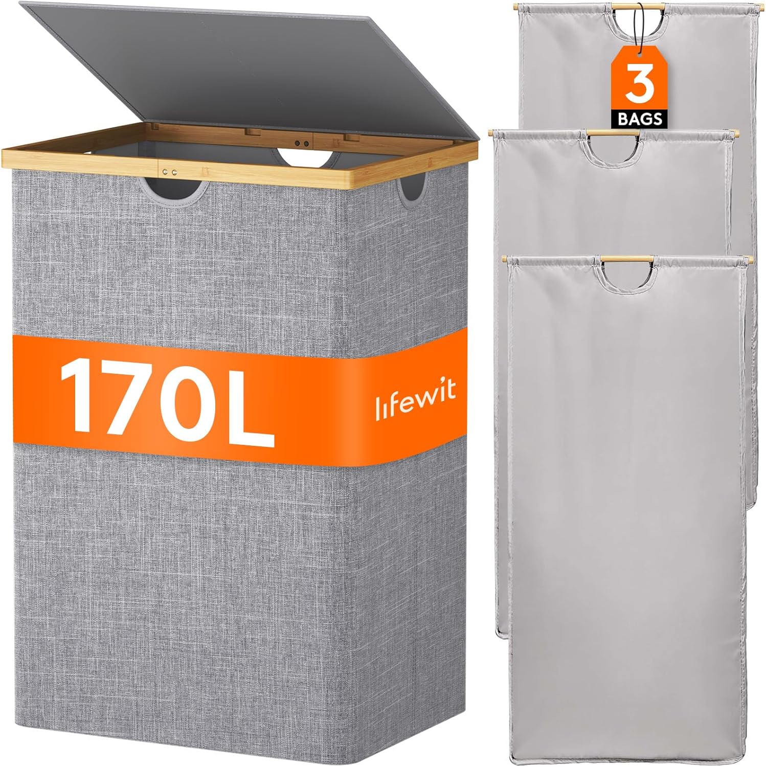 Lifewit 170L Triple Laundry Hamper with Lid, Extra Large Bamboo Laundry Basket Dirty Clothes Hamper,3 Section Laundry Bin Organizer for Laundry Room Bedroom with 3 Removable Liners & Bags, Light Gray