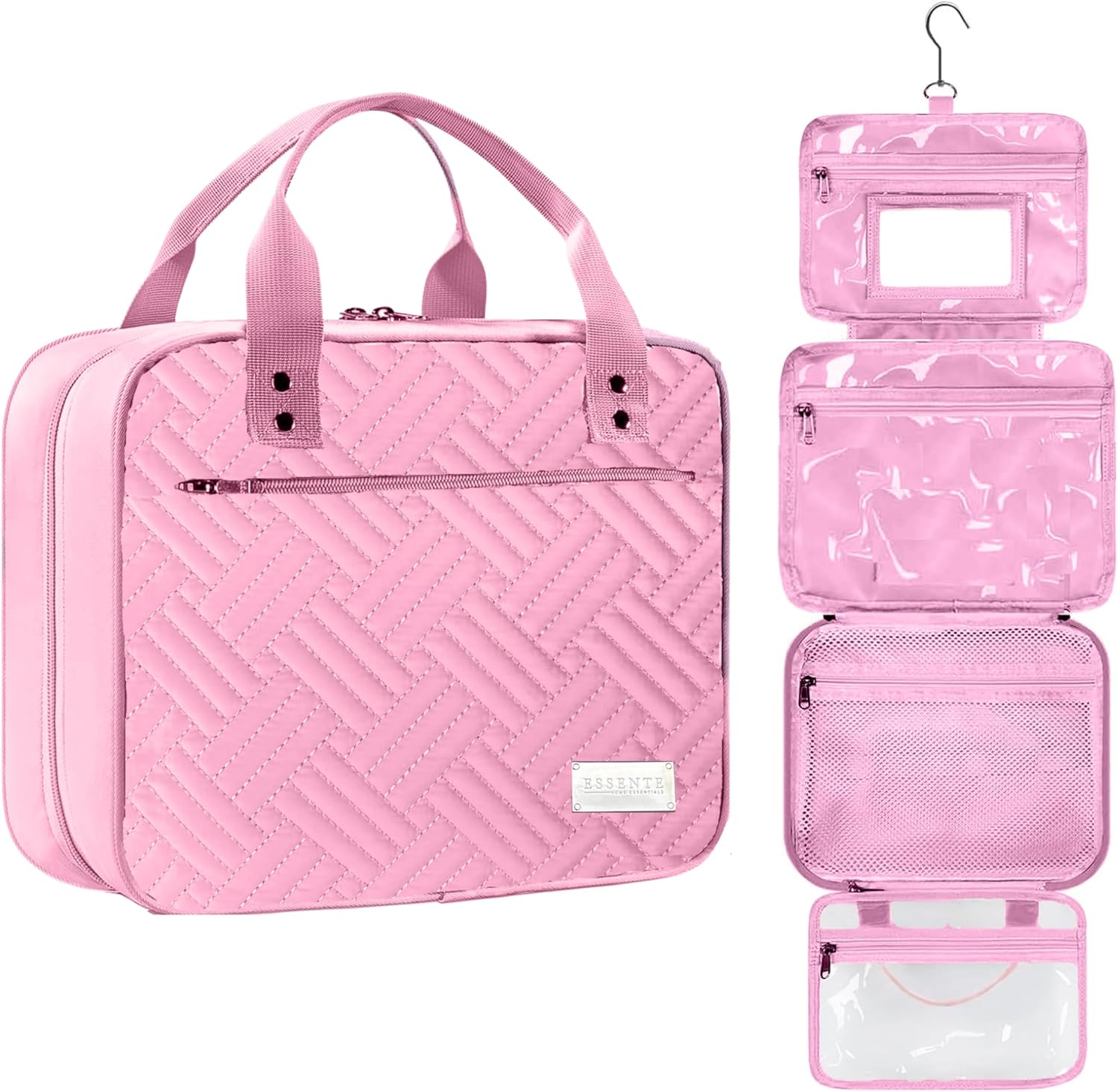 ESSENTE Women's Travel Toiletry Bag with Removable Pouch and Hanging Hook - Water Resistant Makeup Cosmetic Oraganizer with Multiple Compartments for Accessories (PRETTY IN PINK)