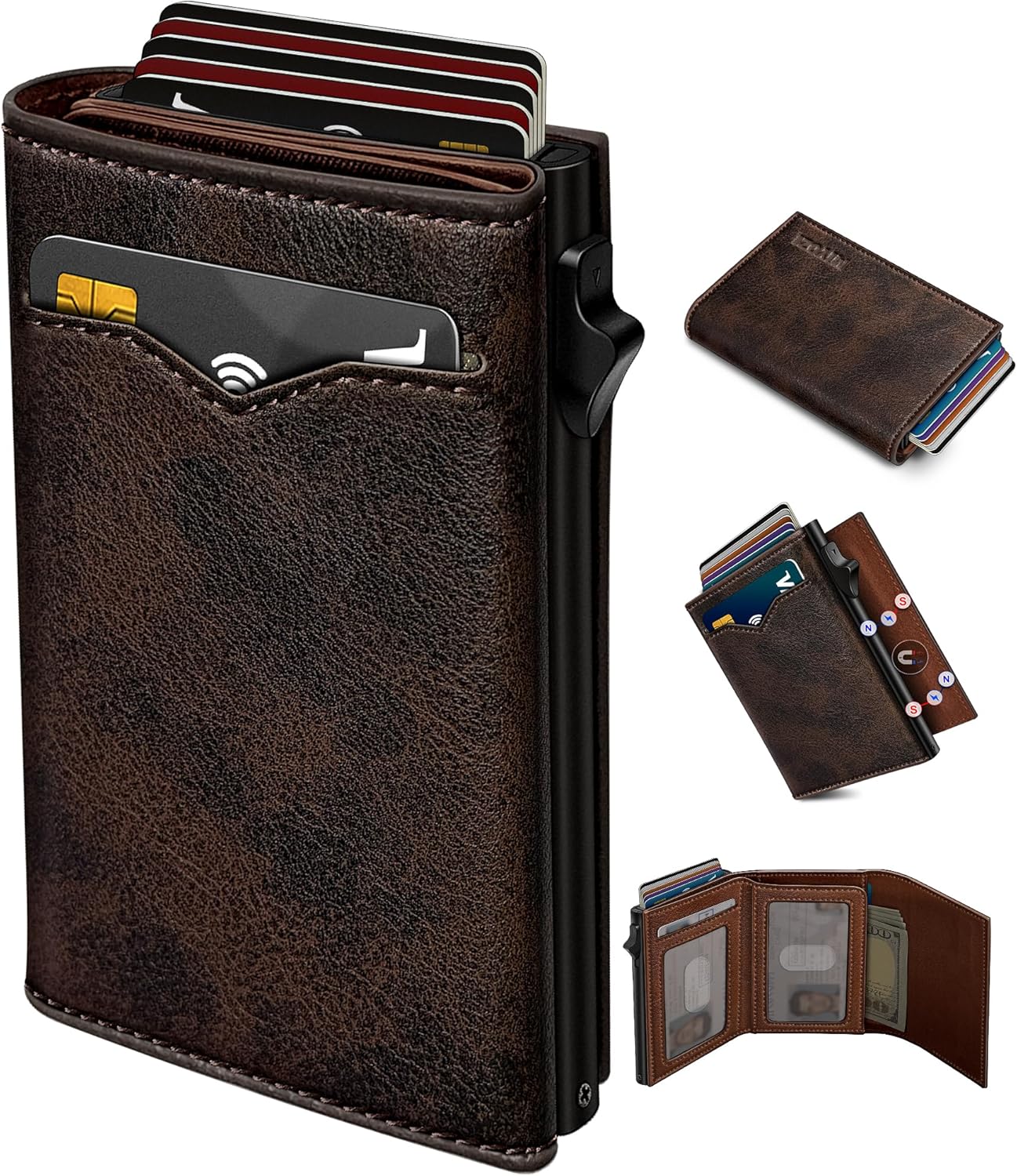 Wallet for Men,with Cash Pocket 2 ID Window 9-13 Cards,Metal Case Smart Slim Pop Up Credit Card Holder Flip with Magnetic Closure RFID Blocking Trifold wallet with Gift Box