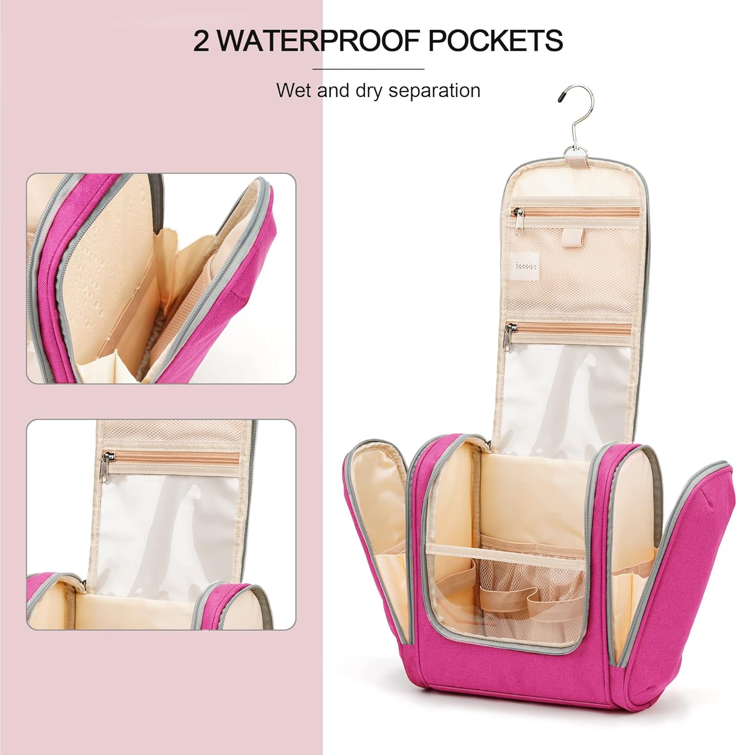 Extra Large Toiletry Bag for Women and Men, 6 Organizer Compartments, Holds Full Size Shampoo, with Hanging Hook Cosmetic Bag, Travel Makeup Bag, Bathroom Water-resistant Toiletries Bag, Rose Red