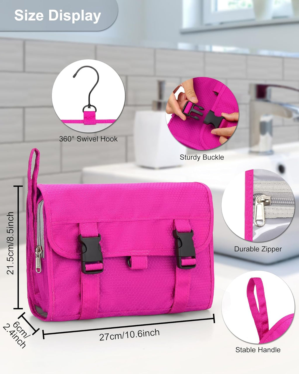 Relavel HangingTravel Toiletry Bag for Women, Large Capacity Toiletries Bag, Travel Essentials Organizer, Hanging Makeup Case for Accessories, Waterproof Bathroom Shower Bag (hot pink)