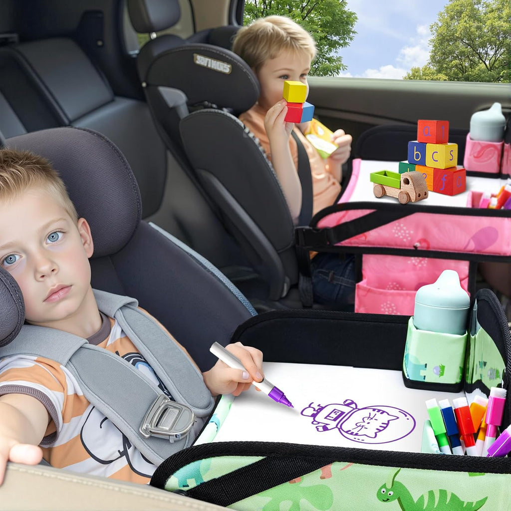 2PCS Kids Travel Tray, Car Seat Tray for kids Travel, Toddler Road Trip Essentials With Drawing Kit, Toddler Lap Desk Organizer for Car, Carseat Table for Airplane