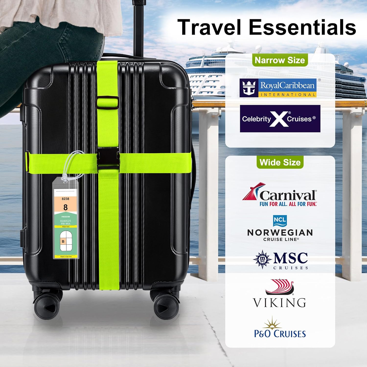 8 Pack Luggage Straps and Cruise Luggage Tags Set (4 Straps, 4 Narrow Tags), Luggage Straps for Suitcases TSA Approved Suitcase Tags, Green