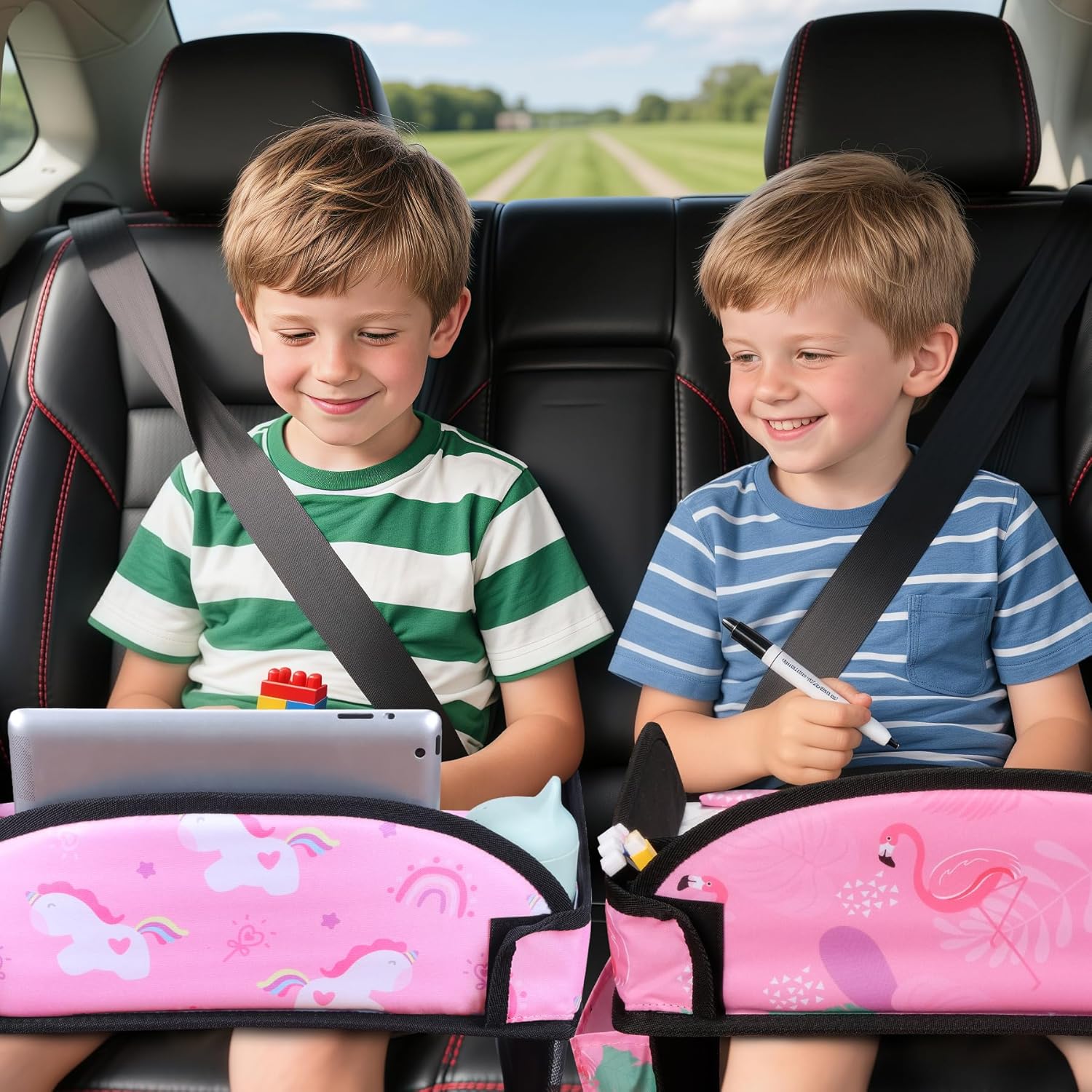 2PCS Kids Travel Tray, Car Seat Tray for kids Travel, Toddler Road Trip Essentials With Drawing Kit, Toddler Lap Desk Organizer for Car, Carseat Table for Airplane