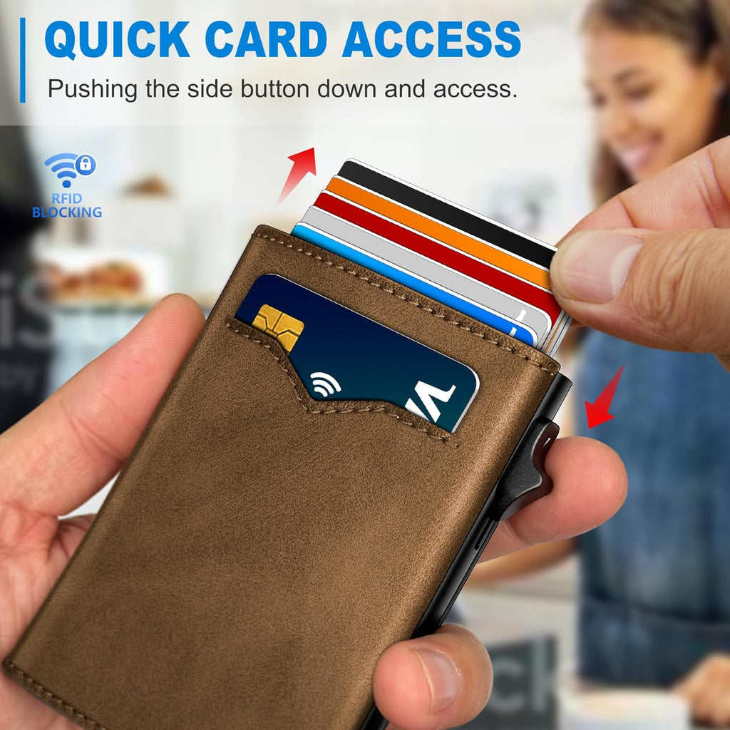 Wallet for Men,with Cash Pocket 2 ID Window 9-13 Cards,Metal Case Smart Slim Pop Up Credit Card Holder Flip with Magnetic Closure RFID Blocking Trifold wallet with Gift Box
