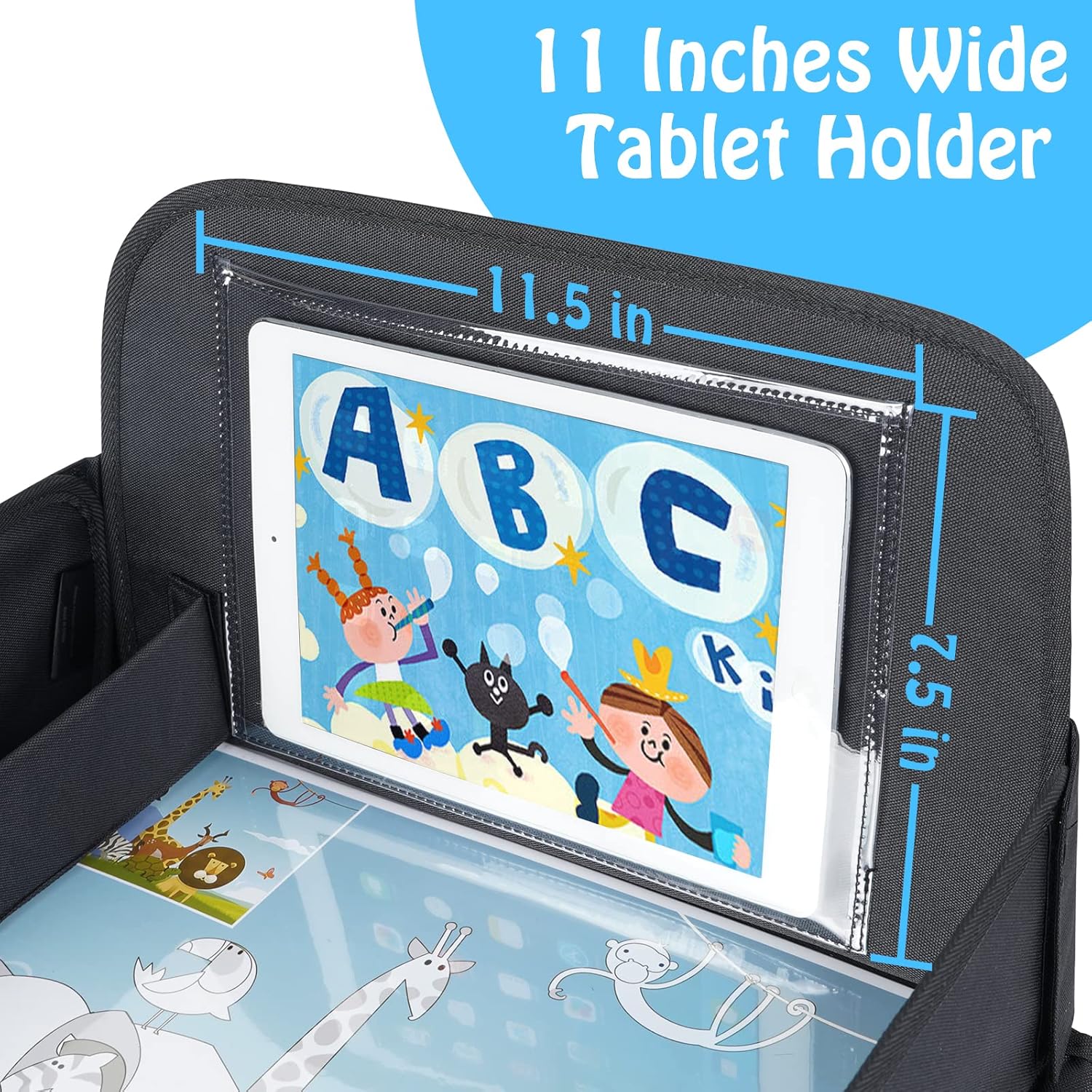 MENZOKE Kids Travel Tray, Travel Tray for Kids Car Seat with Educational Drawing Board, Tablet Holder & Cooler Cup Holder, Portable Road Trip Essentials Child's Gifts for Car Trip, Airplane, Black