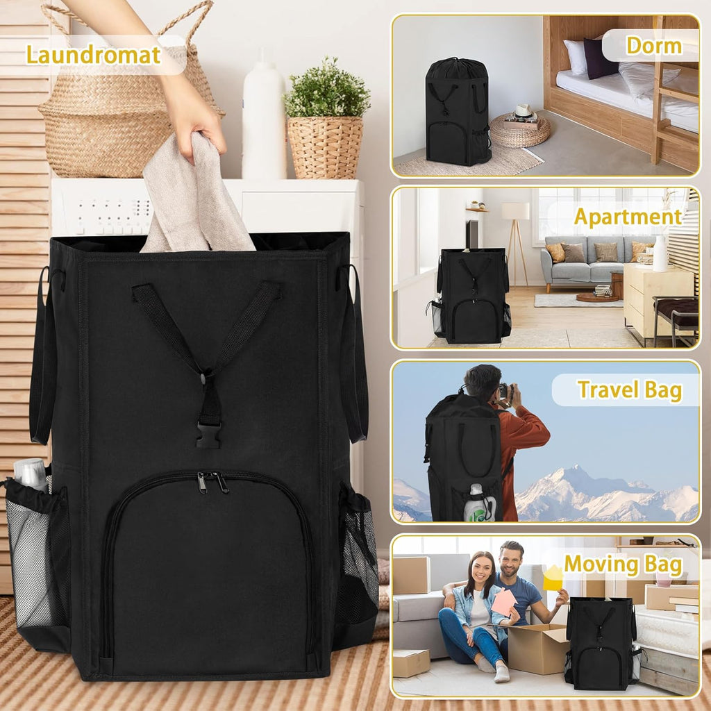 Laundry Bag Backpack Extra Large, 110L Laundry Backpack Heavy Duty with Shoulder Straps, Collapsible and Mesh Pocket Dorm Laundry Basket Hamper Bag for College, Travel, Laundromat, Apartment Black