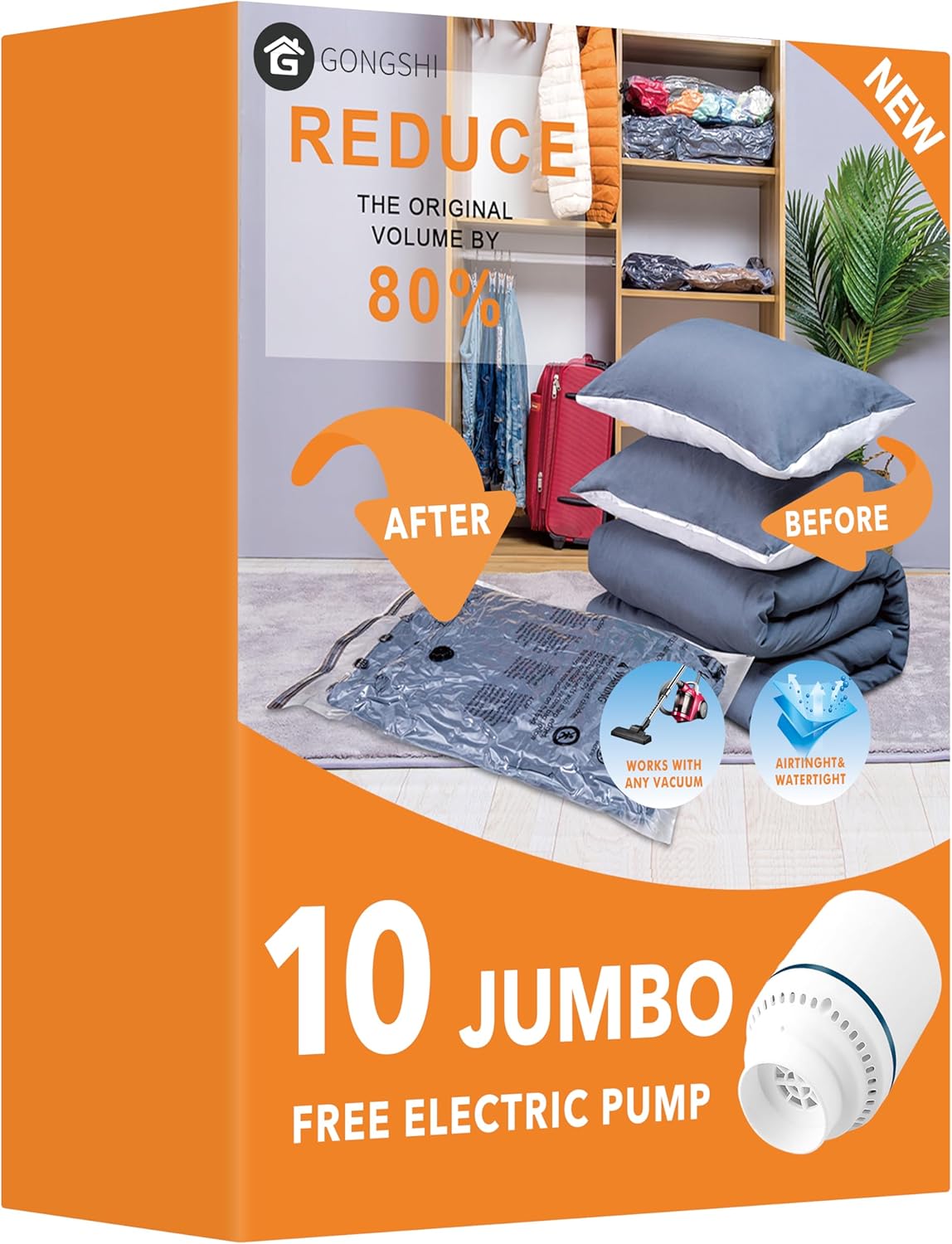 10 Jumbo Vacuum Storage Bags with Electric Pump,Plastic Packaging Bags, Space Saver Bag for Clothes, Mattress, Blanket, Duvets, Pillows, Comforters, Travel