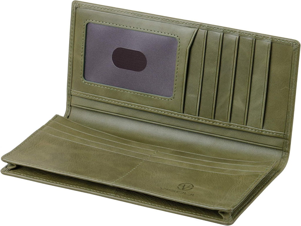 VISOUL Mens Long Bifold Checkbook Wallets Genuine Leather, Tall Checkbook RFID Wallets with Multi Card Pocket for Men (Olive Green)