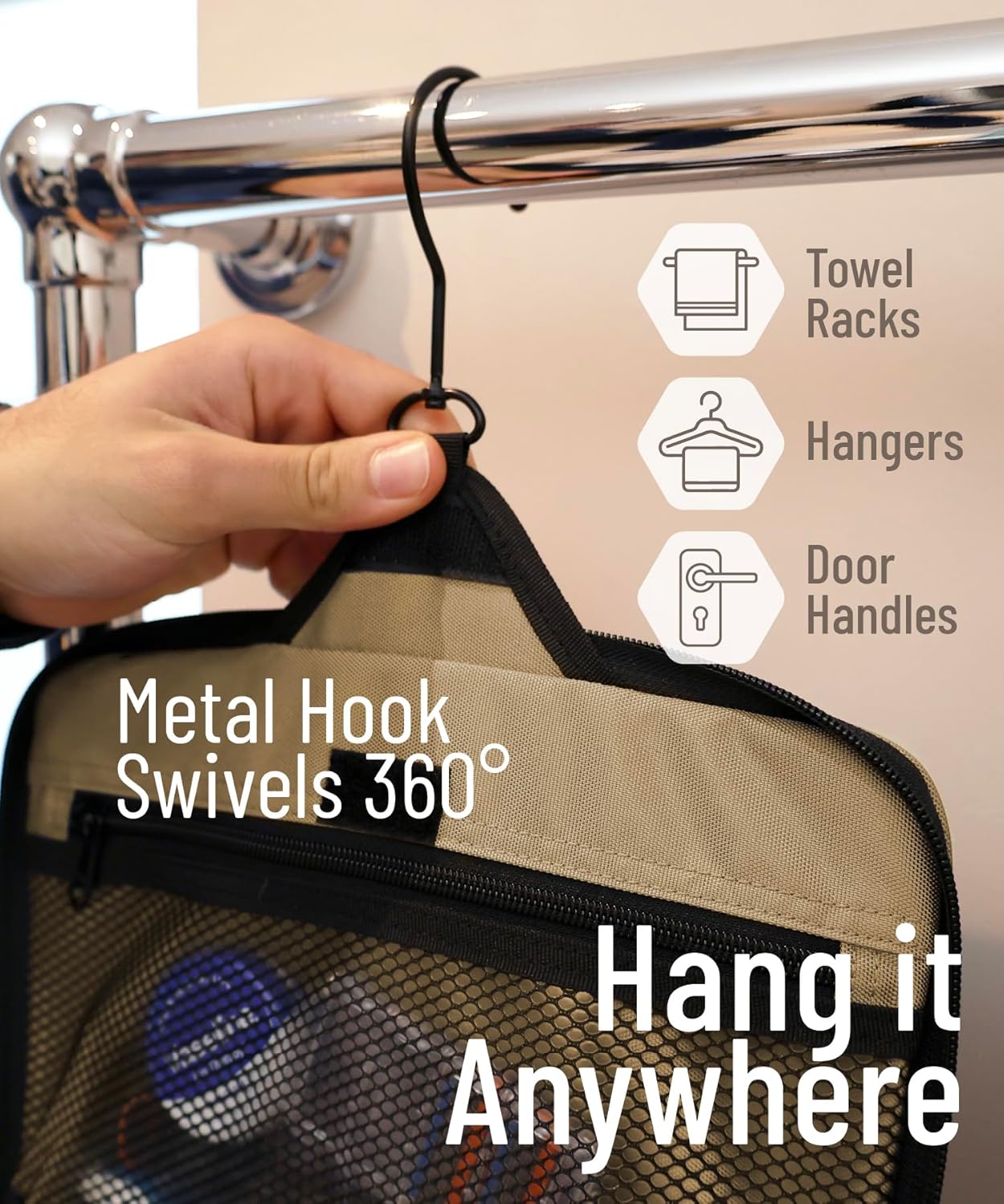 D&D Hanging Travel Toiletry Bag for Men and Women – Cosmetics, Makeup and Toiletries Organizer Kit with 10 Compartments, Quality Zippers, XXL Metal Swivel Hook, Water-Resistant Nylon