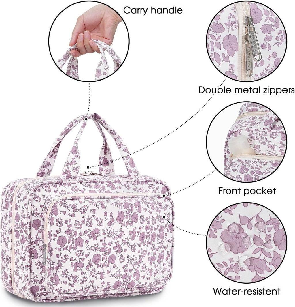 Travel Toiletry Bag for Women Large Hanging Makeup Bag Organizer Toiletries Bag for Full Size Essentials Accessories Cosmetics (Little Dusty Pink Flower (Large))