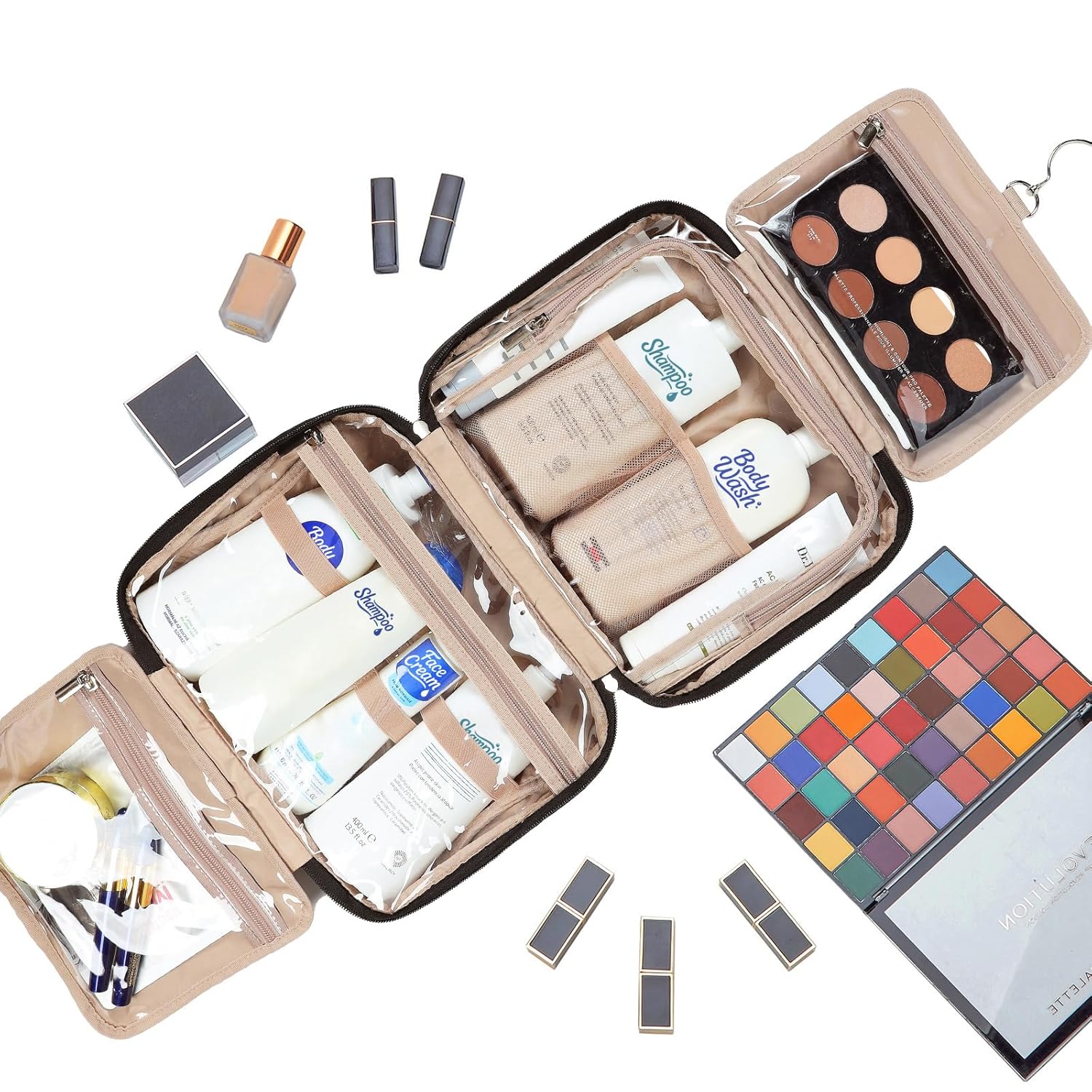 NISHEL Travel Toiletry Bag for Women Large Capacity, Makeup Essentials Organizer, Hanging Case for Accessories, Cosmetics, Black