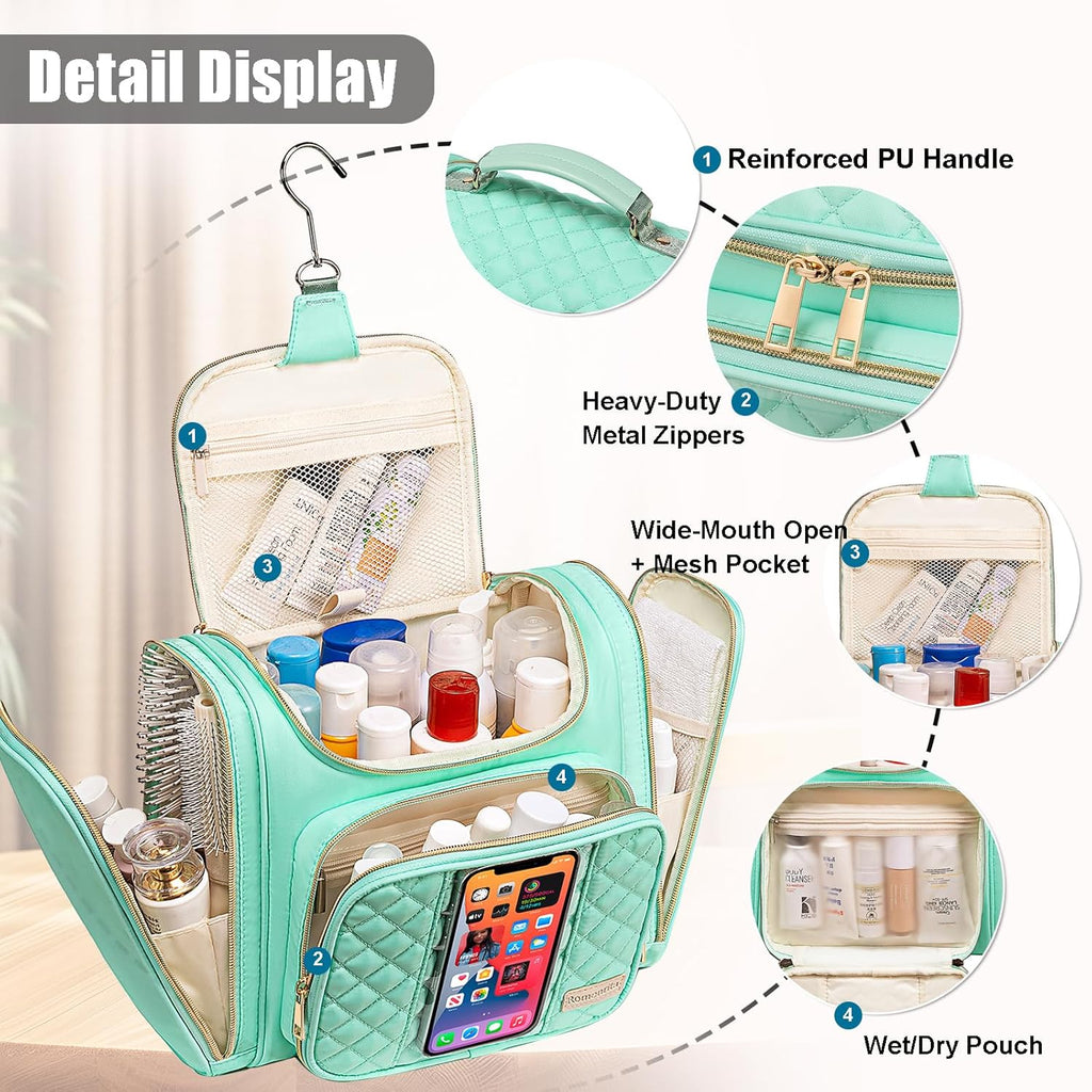 Travel Toiletry Bag for Women, Hanging Toiletry Bag, Bathroom Bag Portable Shower Caddy for College Dorm Travel Shower Bag for Women Water-Resistant Cosmetic Makeup Bag (Green)