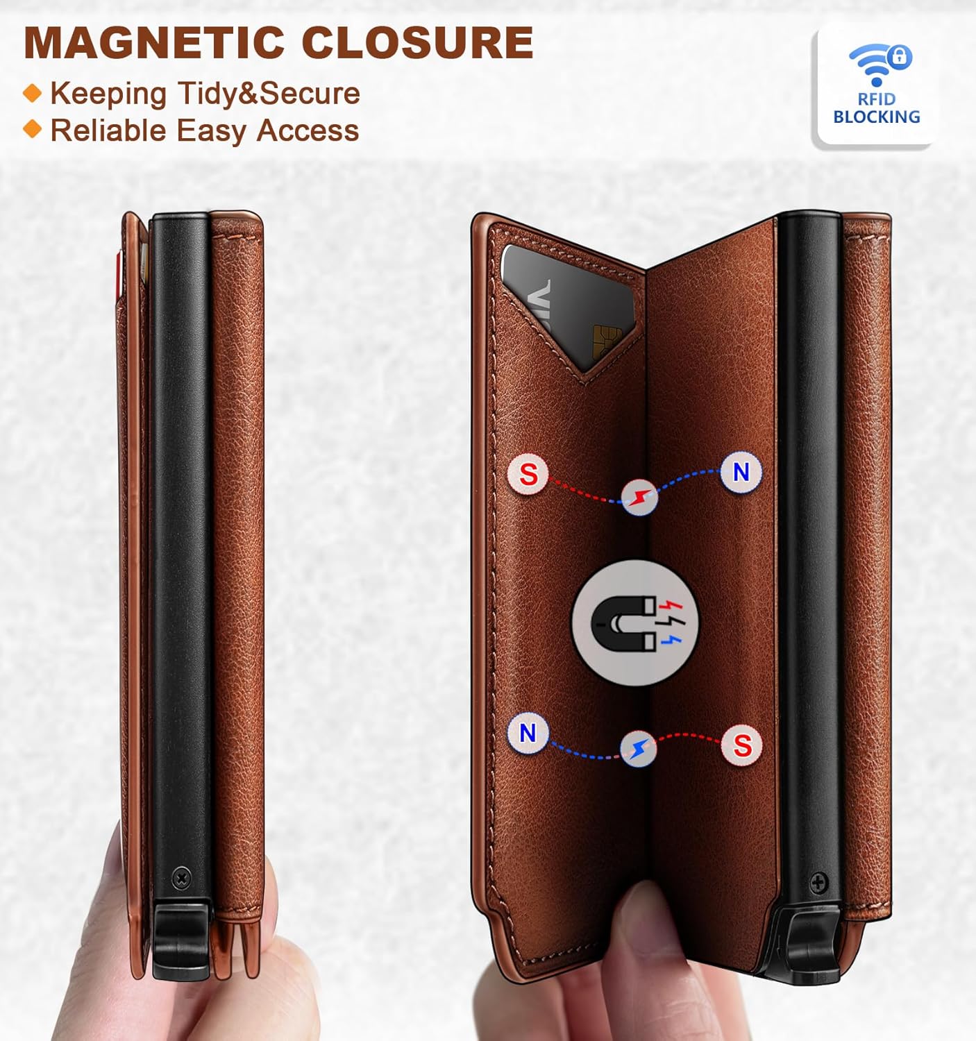 BULLIANT Men Wallet Leather Wallet Card Holders Money Clip for Men 10Cards-Magnetic Flip on Metal Case