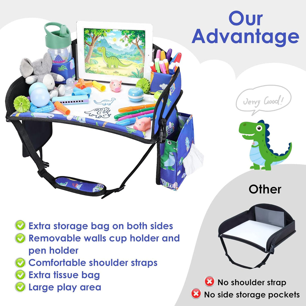 Kids Travel Tray for Car-Car Seat Tray for Kids Travel, Carseat Table Top for Toddler Road Trip Essentials With Drawing Kit, Kids Lap Desk Organizer for Car, Airplane (Blue Dinosaur)