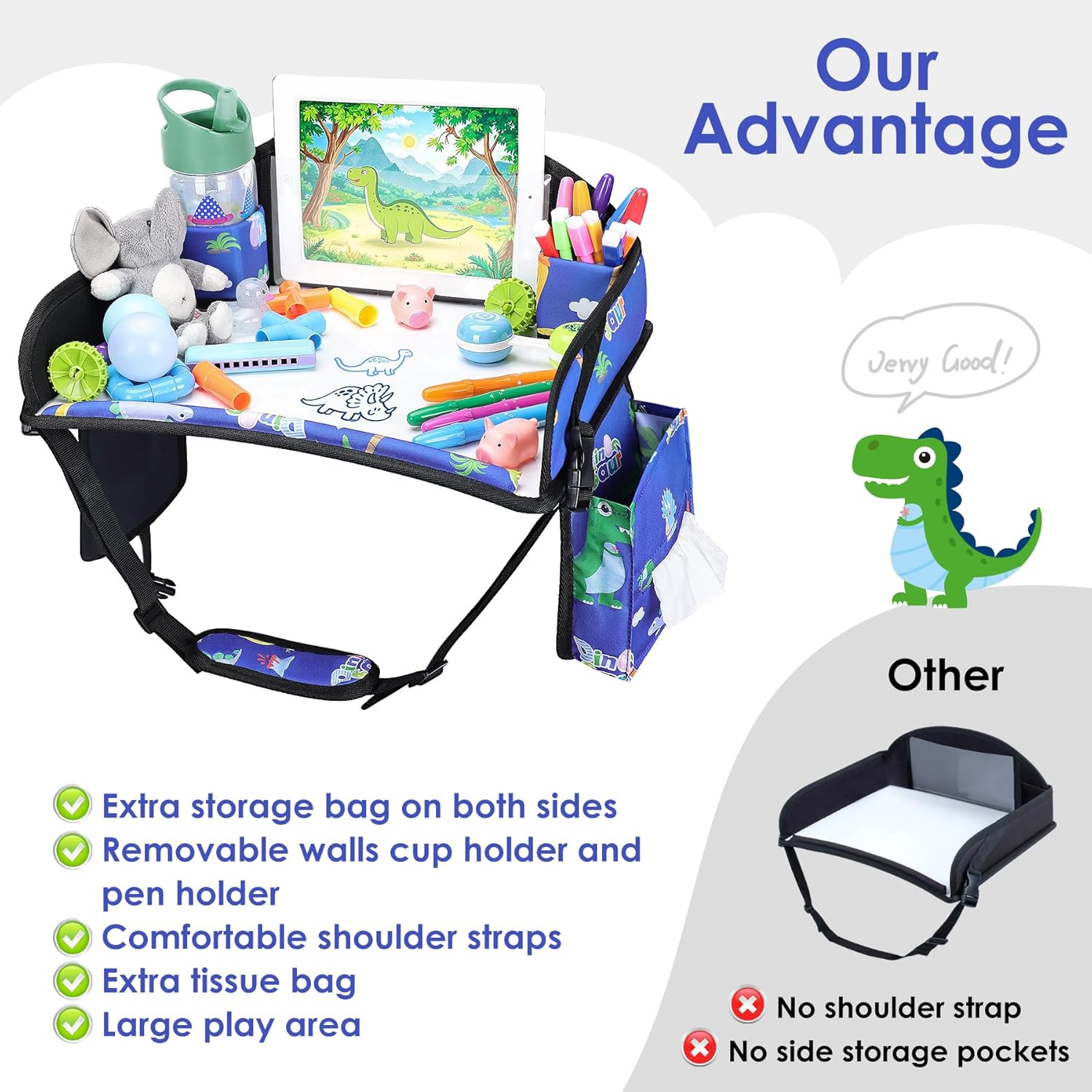 Kids Travel Tray for Car-Car Seat Tray for Kids Travel, Carseat Table Top for Toddler Road Trip Essentials With Drawing Kit, Kids Lap Desk Organizer for Car, Airplane (Blue Dinosaur)