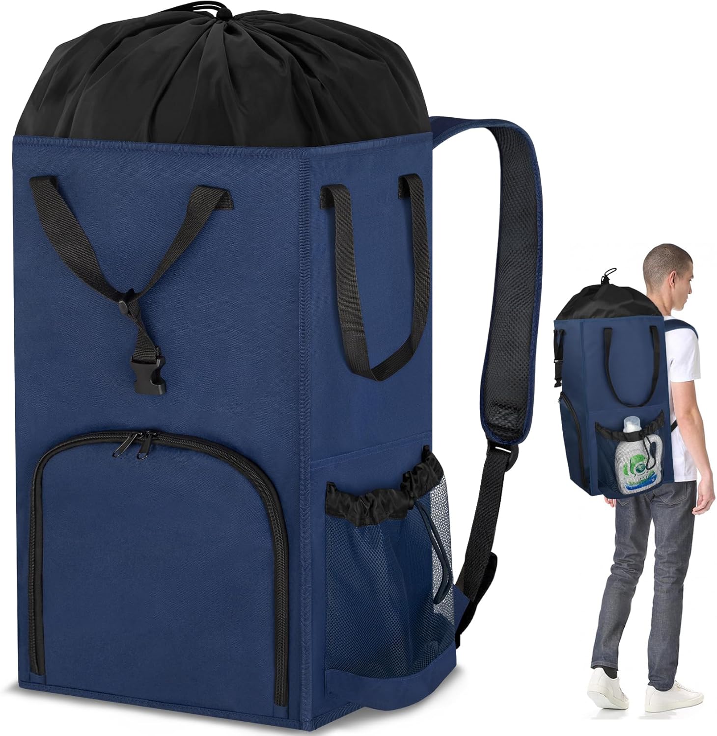 Laundry Bag Backpack Extra Large, 110L Laundry Backpack Heavy Duty with Shoulder Straps, Collapsible and Mesh Pocket Dorm Laundry Basket Hamper Bag for College, Travel, Laundromat, Apartment Blue