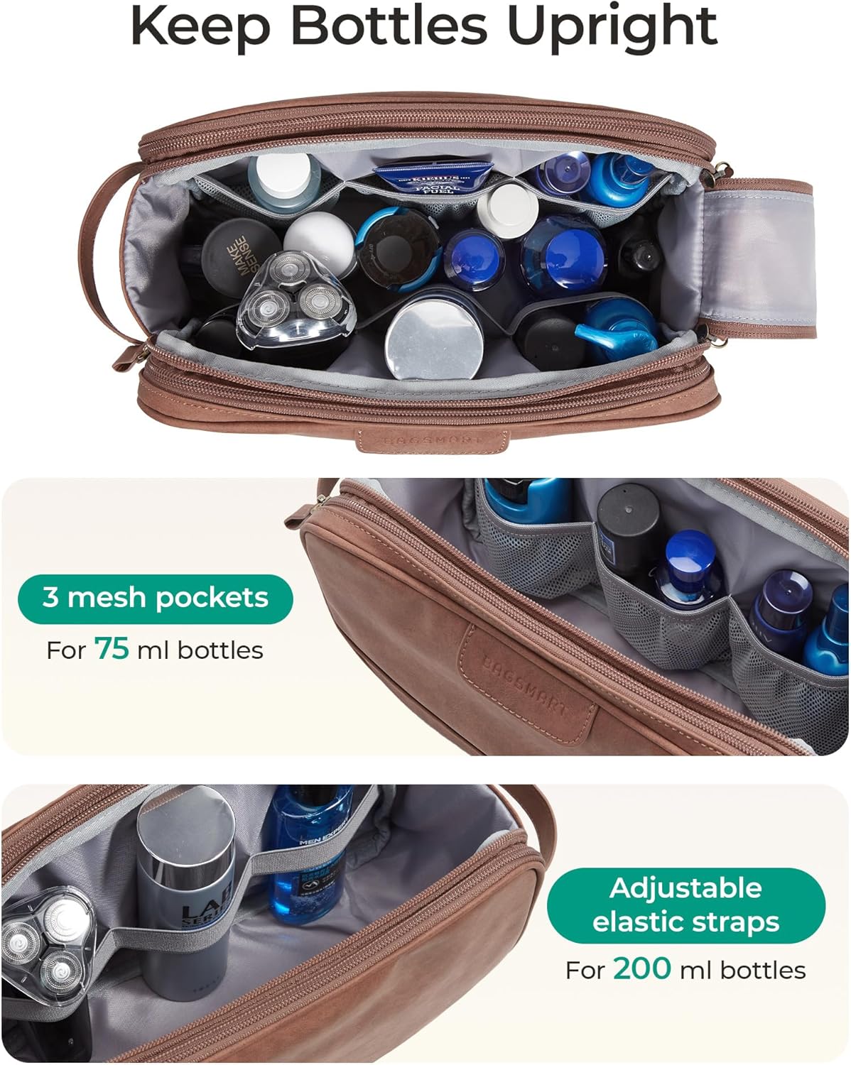 BAGSMART Toiletry Bag for Men, PU Leather Travel Bag for Toiletries, Dopp Kit Water Resistant Shaving Bag for Bathroom Shower-Dark Brown