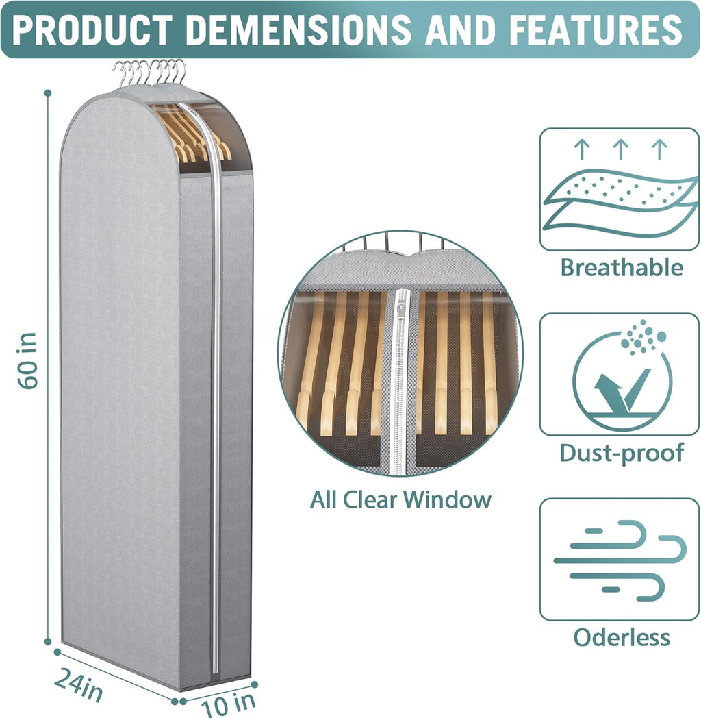 10" Gusseted Garment Bags for Hanging Clothes with clear window, 60" Suit Bags for Open Closet Storage, Clothing Cover for Coat, Dress, Jacket, Shirt, Fur Wardrobe Protector, 3 Packs