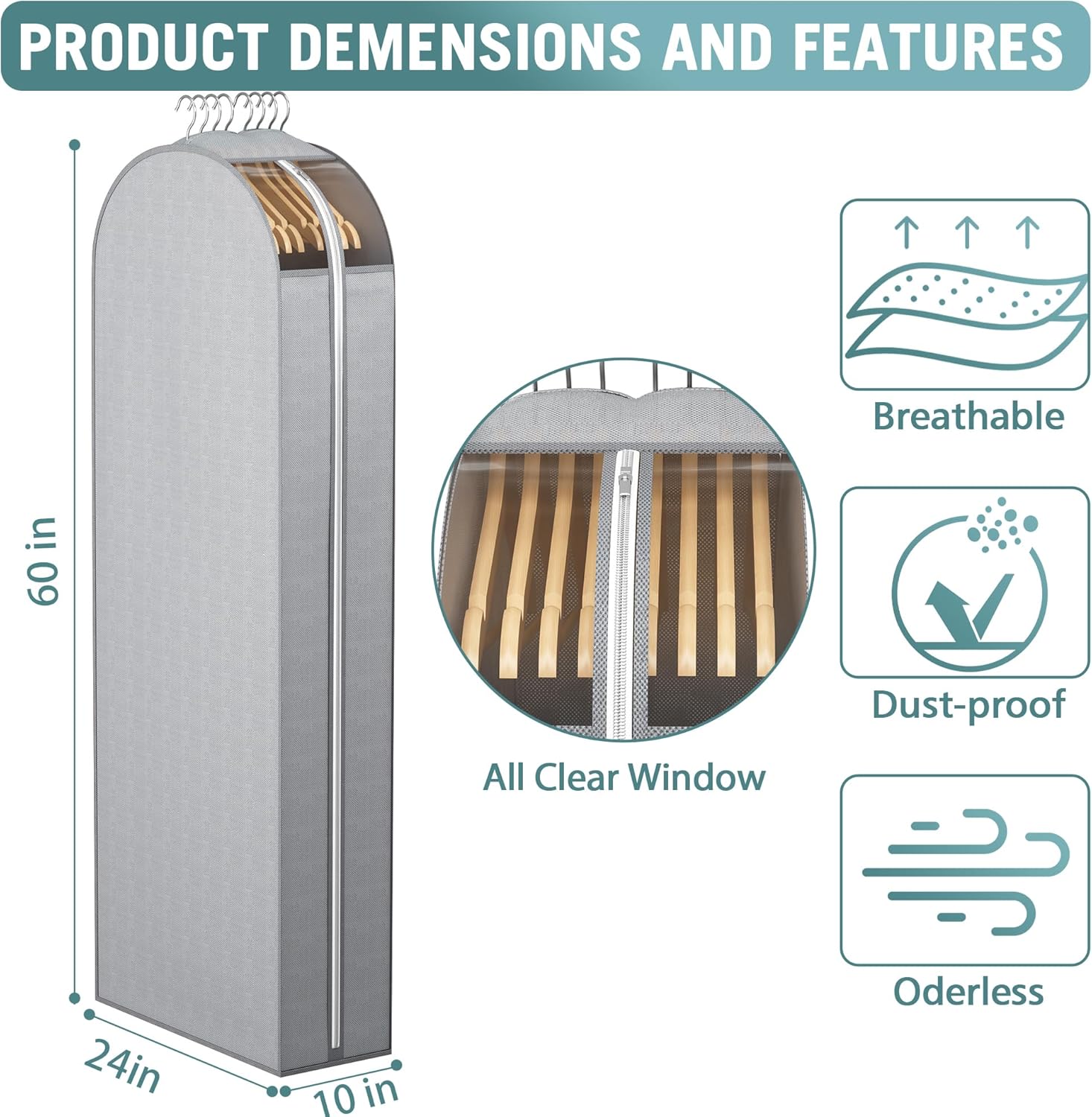 10" Gusseted Garment Bags for Hanging Clothes with clear window, 60" Suit Bags for Open Closet Storage, Clothing Cover for Coat, Dress, Jacket, Shirt, Fur Wardrobe Protector, 3 Packs