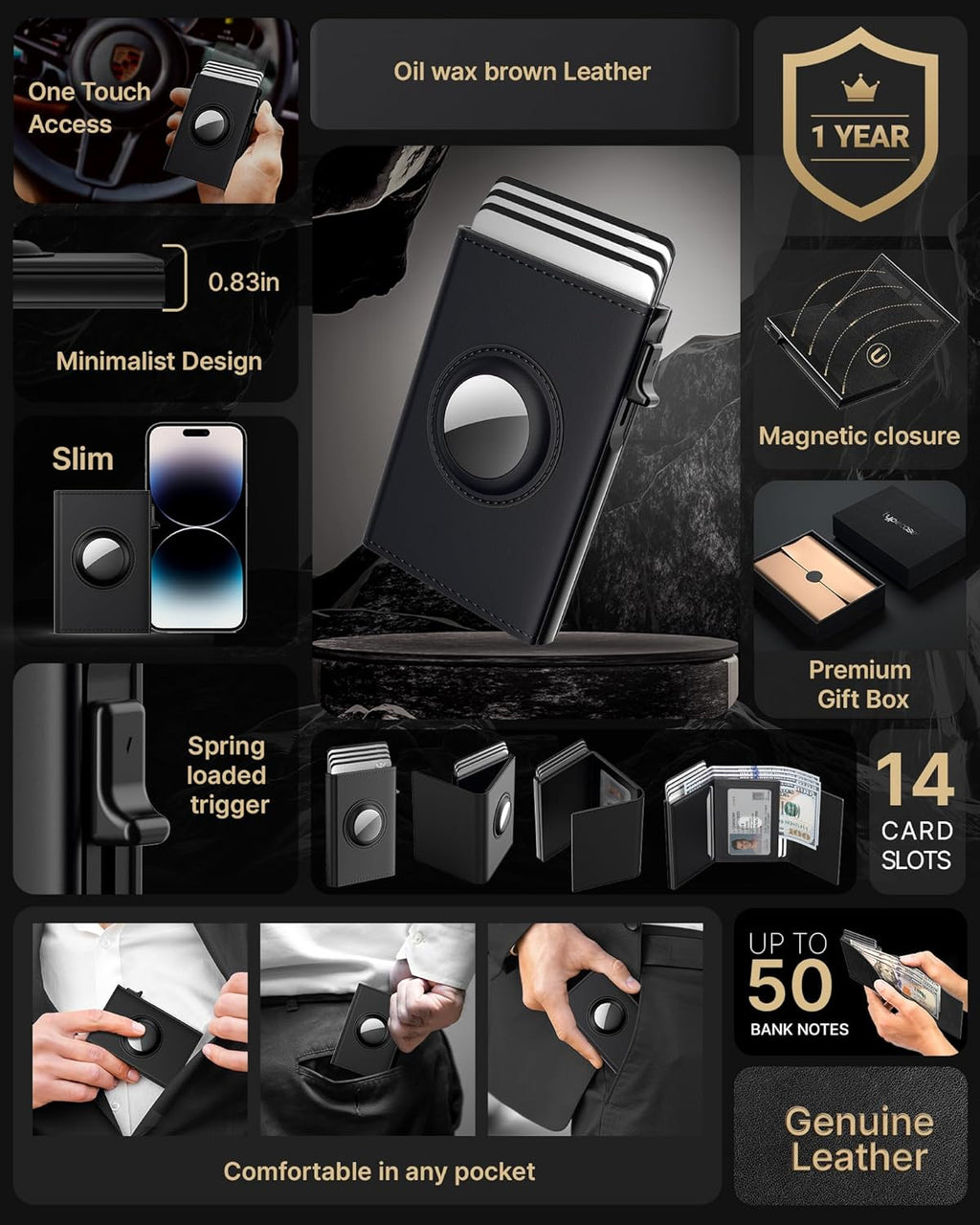 typecase Mens Wallet Card Holder for AirTag: Leather Smart Wallet for Men Compatible with Apple Air Tag, RFID Blocking, Slim, Minimalist - 9-14 Card Capacity | ID Window | Cash Slot (Deep Black)