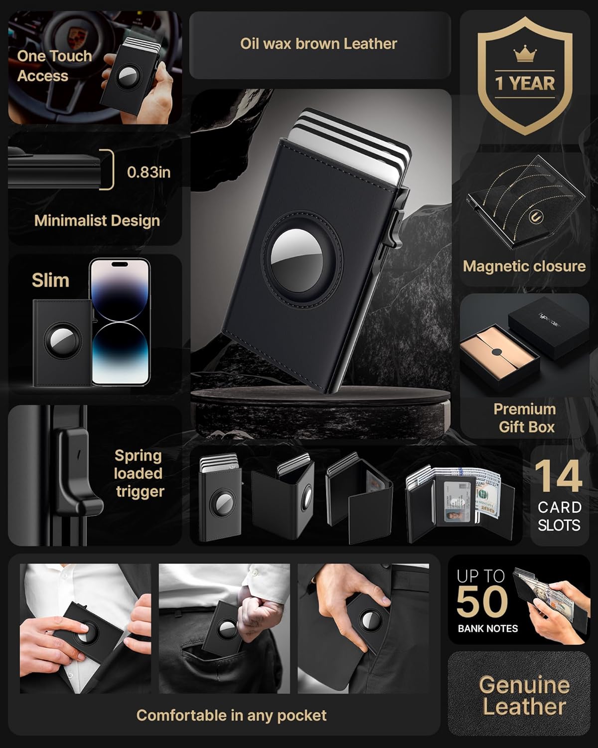 typecase Mens Wallet Card Holder for AirTag: Leather Smart Wallet for Men Compatible with Apple Air Tag, RFID Blocking, Slim, Minimalist - 9-14 Card Capacity | ID Window | Cash Slot (Deep Black)