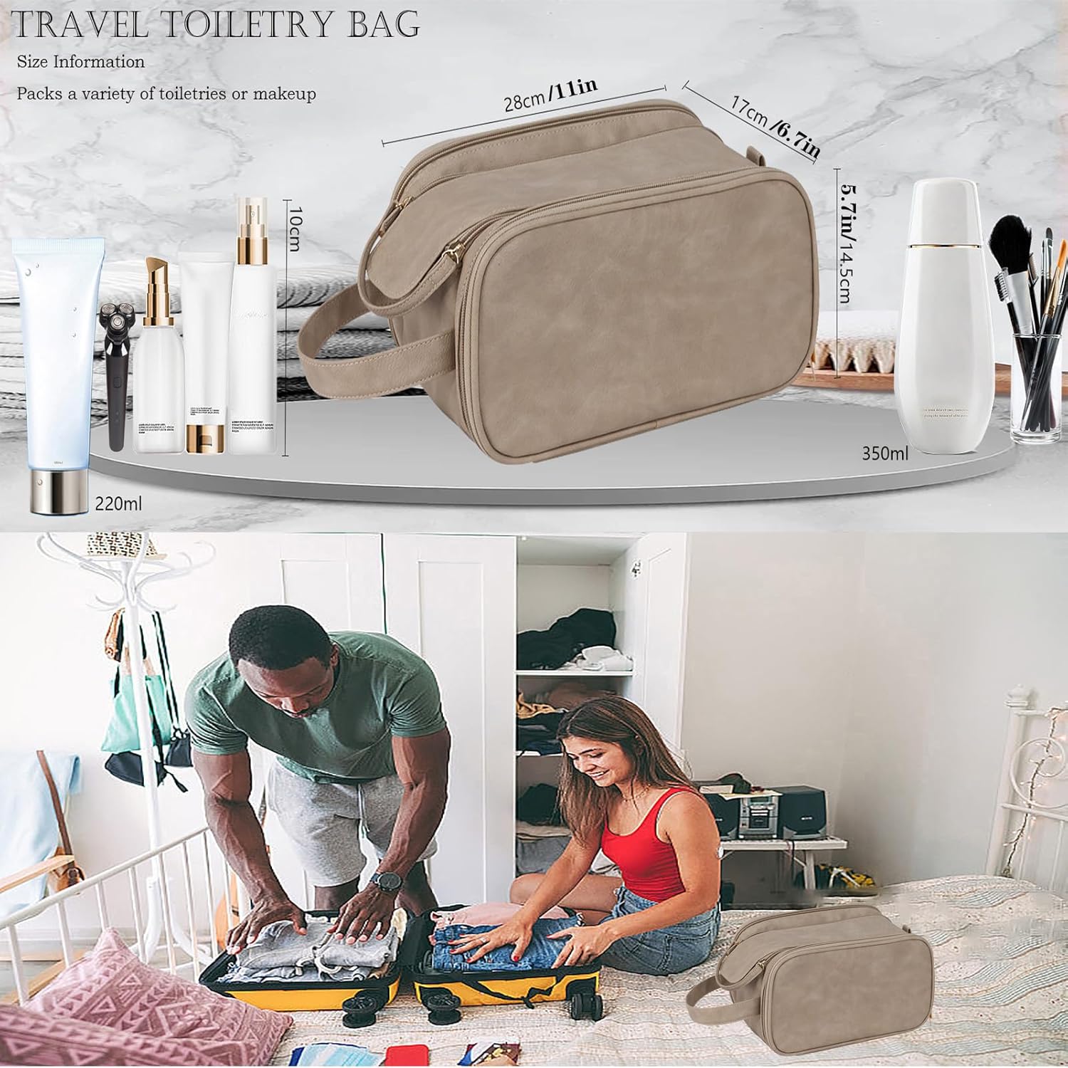 Travel Toiletry Bag for Women PU Leather Triple-layer Double Zipper Toiletry Bags,Waterproof with Handle Mens Toiletry Bag Stowable Brushes, Toiletries Makeup for Business Trips Camping Bathroom Brown