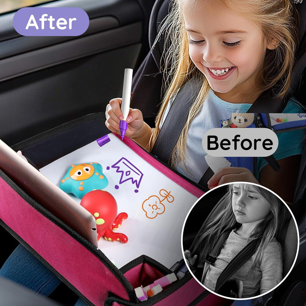 ‎Kids Travel Tray, Kids Travel Trays for Car Seat, Road Trip Essentials for Toddler, Carseat Lap Tray with Dry Erase Board & Storage Organizer for Road Trip Activities for Kid, Pink