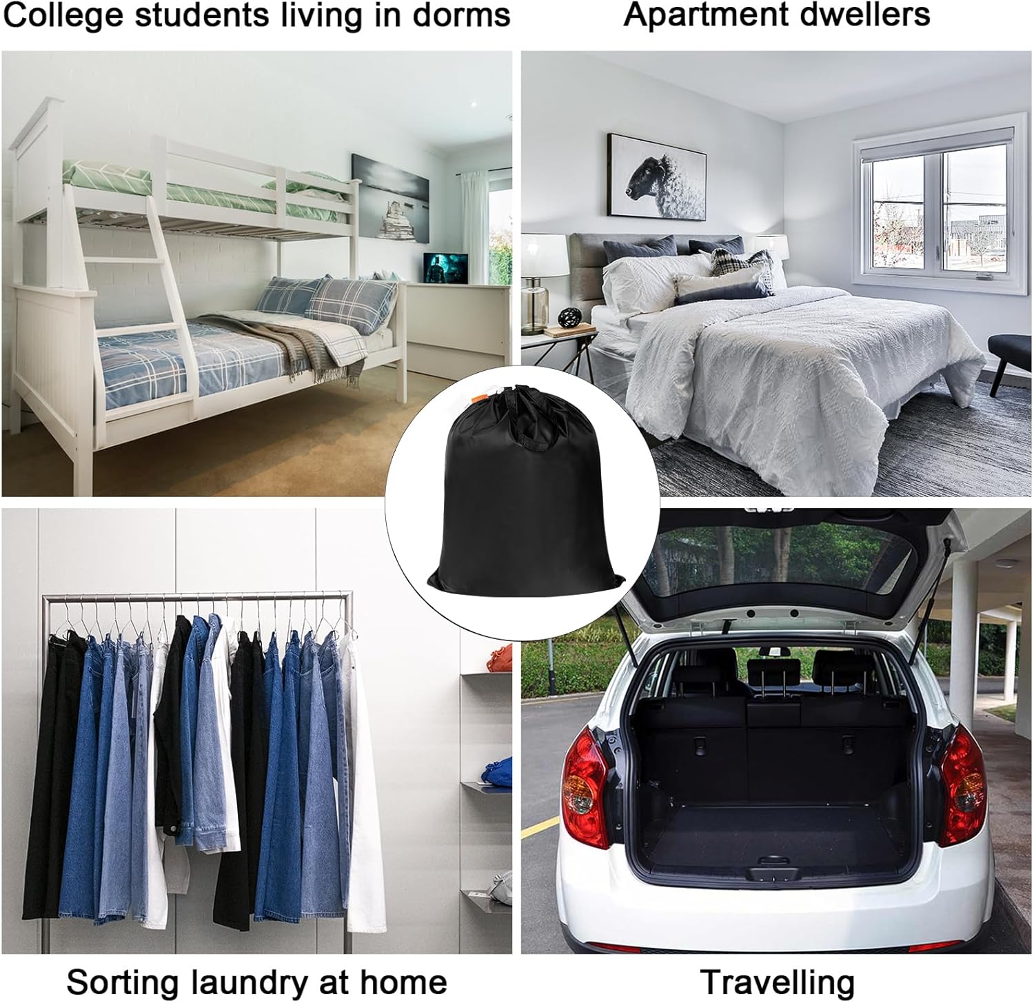 Polecasa Small Heavy Duty Laundry Bag with 130gsm Tear Resistant Fabric and Handles, Easy to Carry Durable Dirty Clothes Drawstring Bag, Perfect for College Dorm, Travel 21”x24”,Black