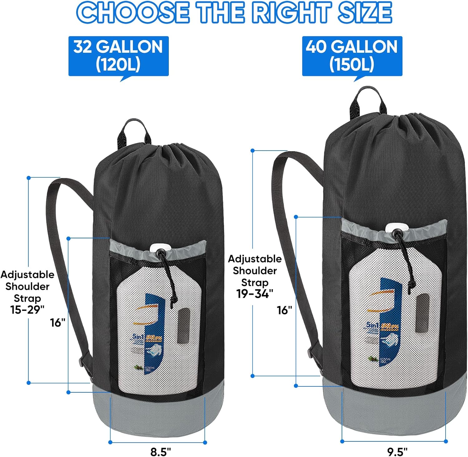 BALEINE 150L Laundry Bag Backpack, 900D Oxford Fabric Large Travel Laundry Bags with Shoulder Straps and 2 Mesh Pockets for College Dorm, Apartment, Laundromat (Black, 150L)