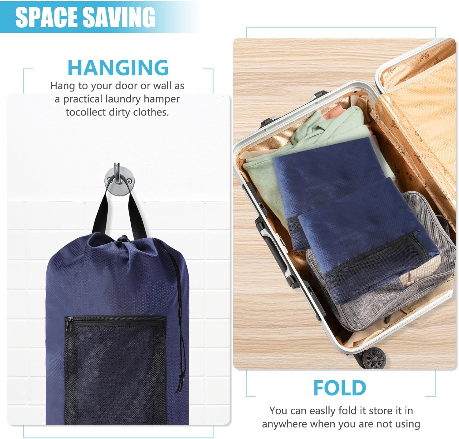 Portable with Adjustable Shoulder Straps Travel Dirty Laundry Bag,with Drawstring Closure & Mesh Pocket Backpack Laundry Bag for College,Apartment,Camping(Dark Blue)