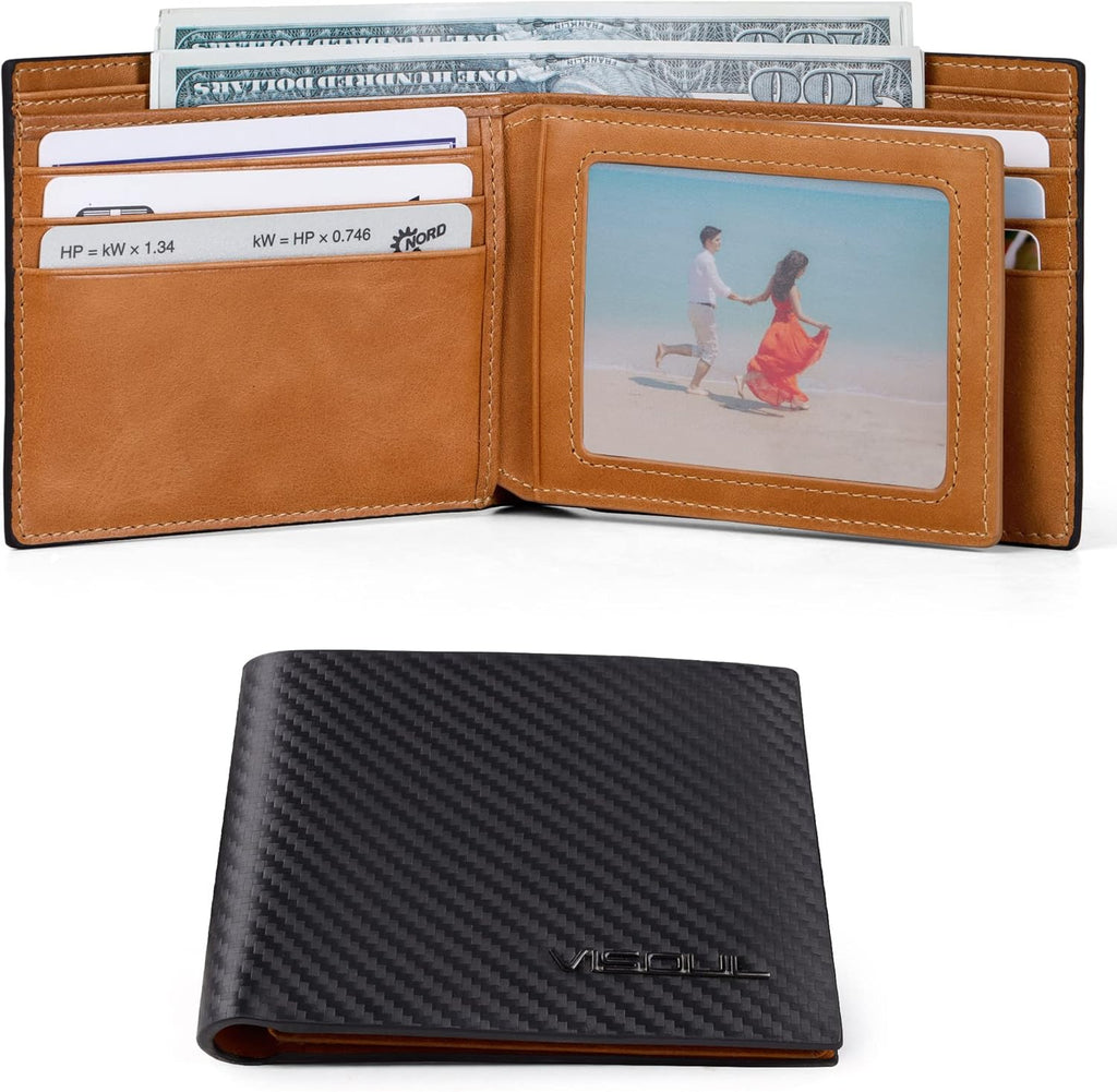 VISOUL Mens Carbon Fiber Leather Bifold Wallet with 2 ID Windows, RFID Blocking Stylish Wallet for Men with 2 Cash Compartments (Black+Yellow)
