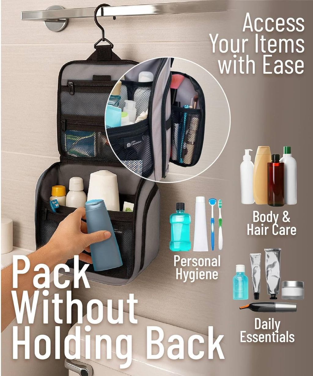 D&D Hanging Travel Toiletry Bag for Men and Women - Extra Large Hanging Shower Bag and Toiletries Organizer Kit with 10 Compartments, Quality Zippers, XXL Metal Swivel Hook, Water-Resistant Nylon
