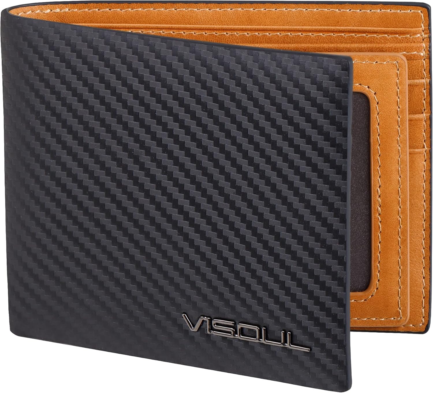VISOUL Mens Carbon Fiber Leather Bifold Wallet with 2 ID Windows, RFID Blocking Stylish Wallet for Men with 2 Cash Compartments (Black+Yellow)