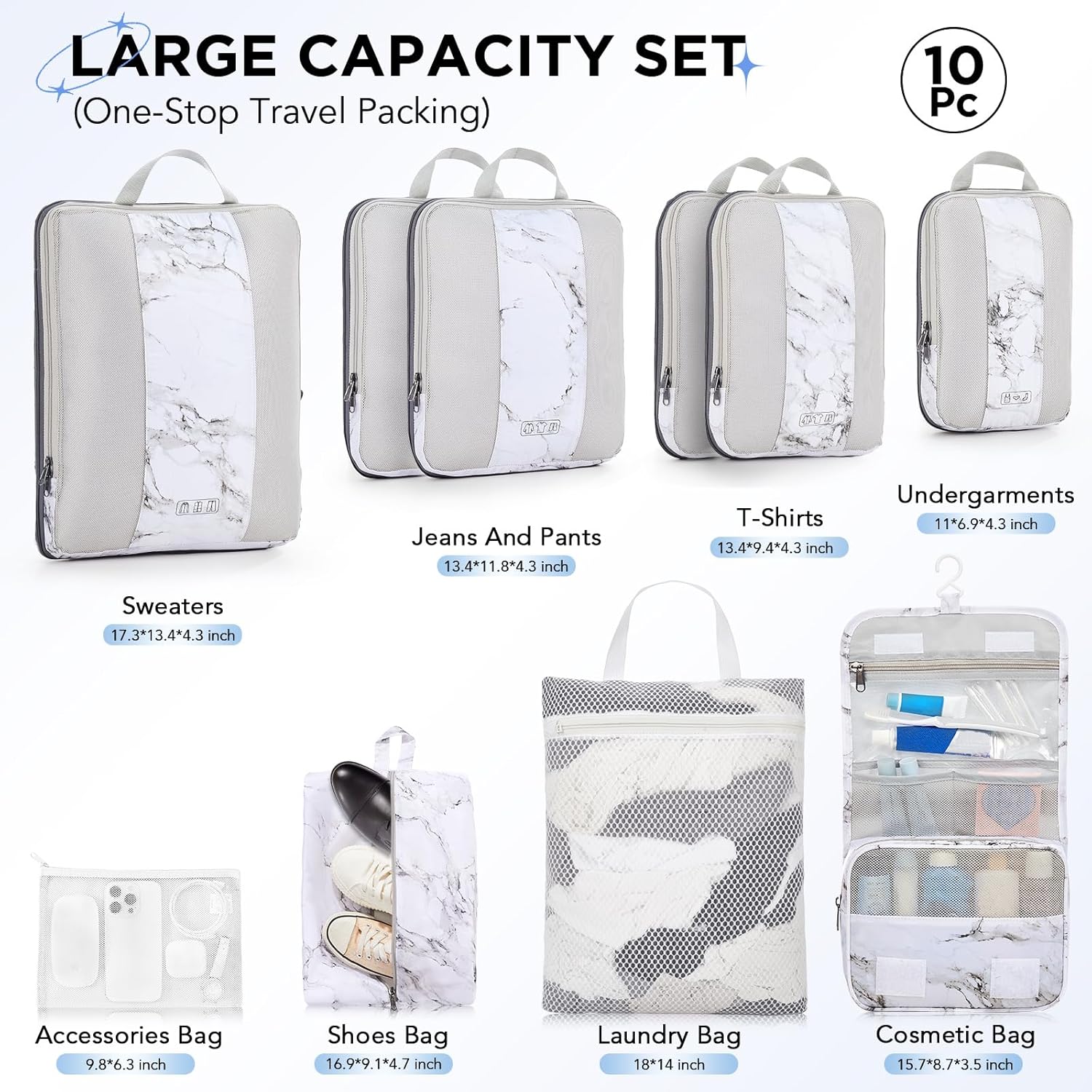 10 Set Compression Packing Cubes for Travel Essentials,Compressible Expandable Packing Cubes for Suitcase,OlarHike Luggage Organizer Bags for Travel,Handy Helper for Organizing Clothes(White Marble)