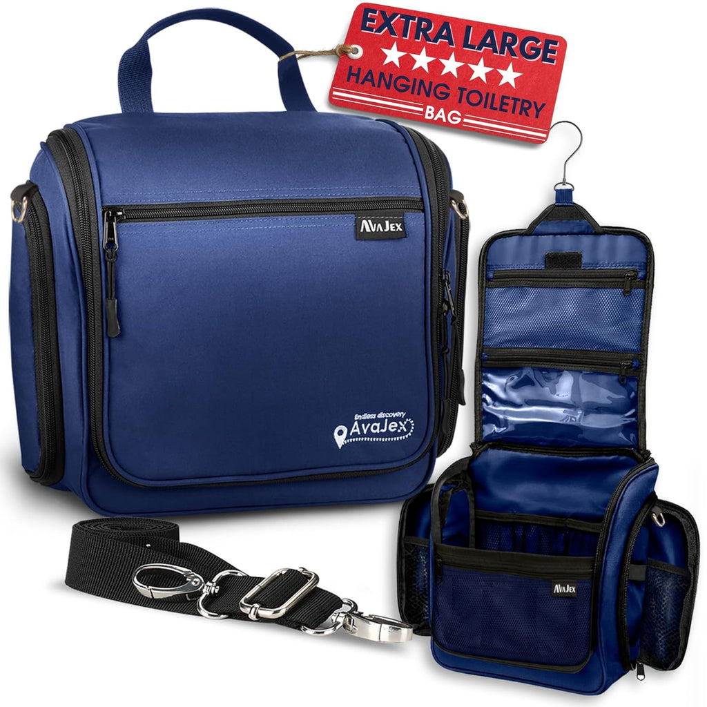 Extra Large Hanging Travel Toiletry Bag for Men and Women - Cosmetic Travel Bag With Shoulder Strap - Waterproof Hygiene Bag with Metal Xxl Swivel Hook and 19 Compartments for Toiletries