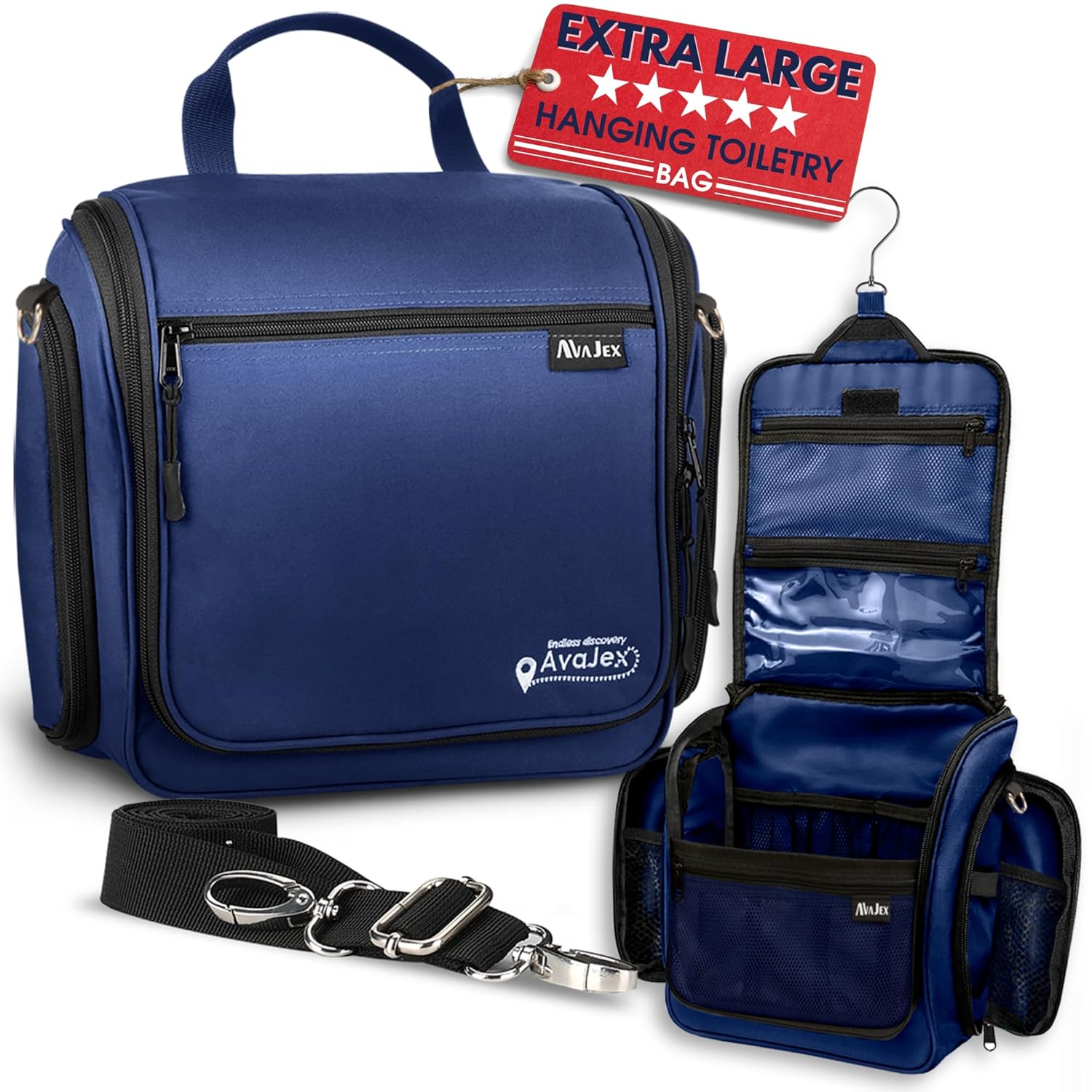 Extra Large Hanging Travel Toiletry Bag for Men and Women - Cosmetic Travel Bag With Shoulder Strap - Waterproof Hygiene Bag with Metal Xxl Swivel Hook and 19 Compartments for Toiletries