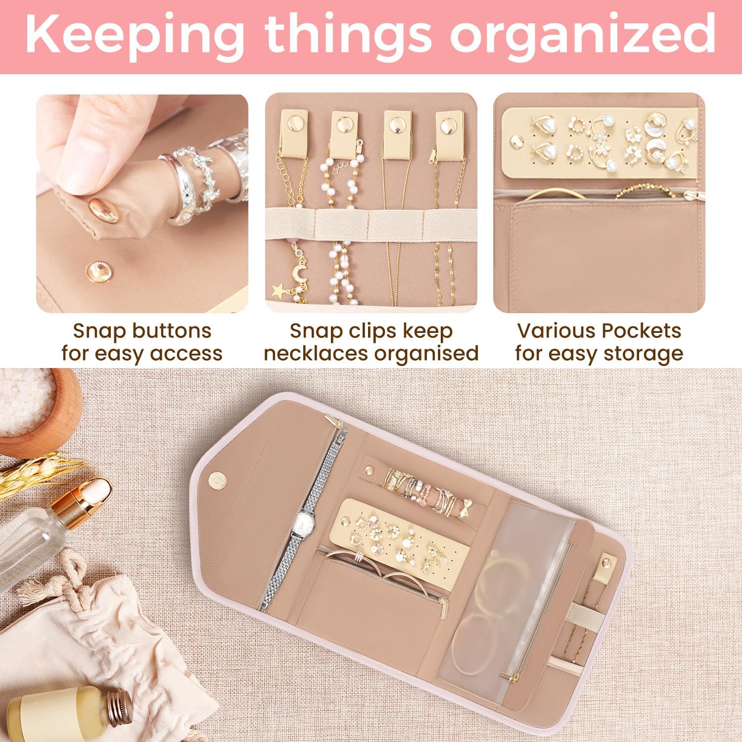 BAGAIL Hanging Toiletry Bag for Women Water-resistant Cosmetic Bag Large Capacity Travel Makeup Organizer for Full-Sized Travel Essentials(Classic+Jewelry Bag, Pink)