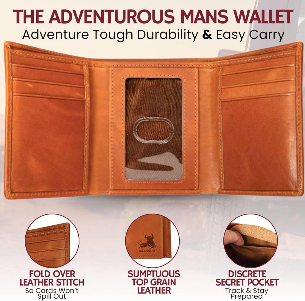 BULL GUARD Trifold Wallet with RFID For Men, Genuine Leather - Card and Cash Holder for Outdoors, Professionals