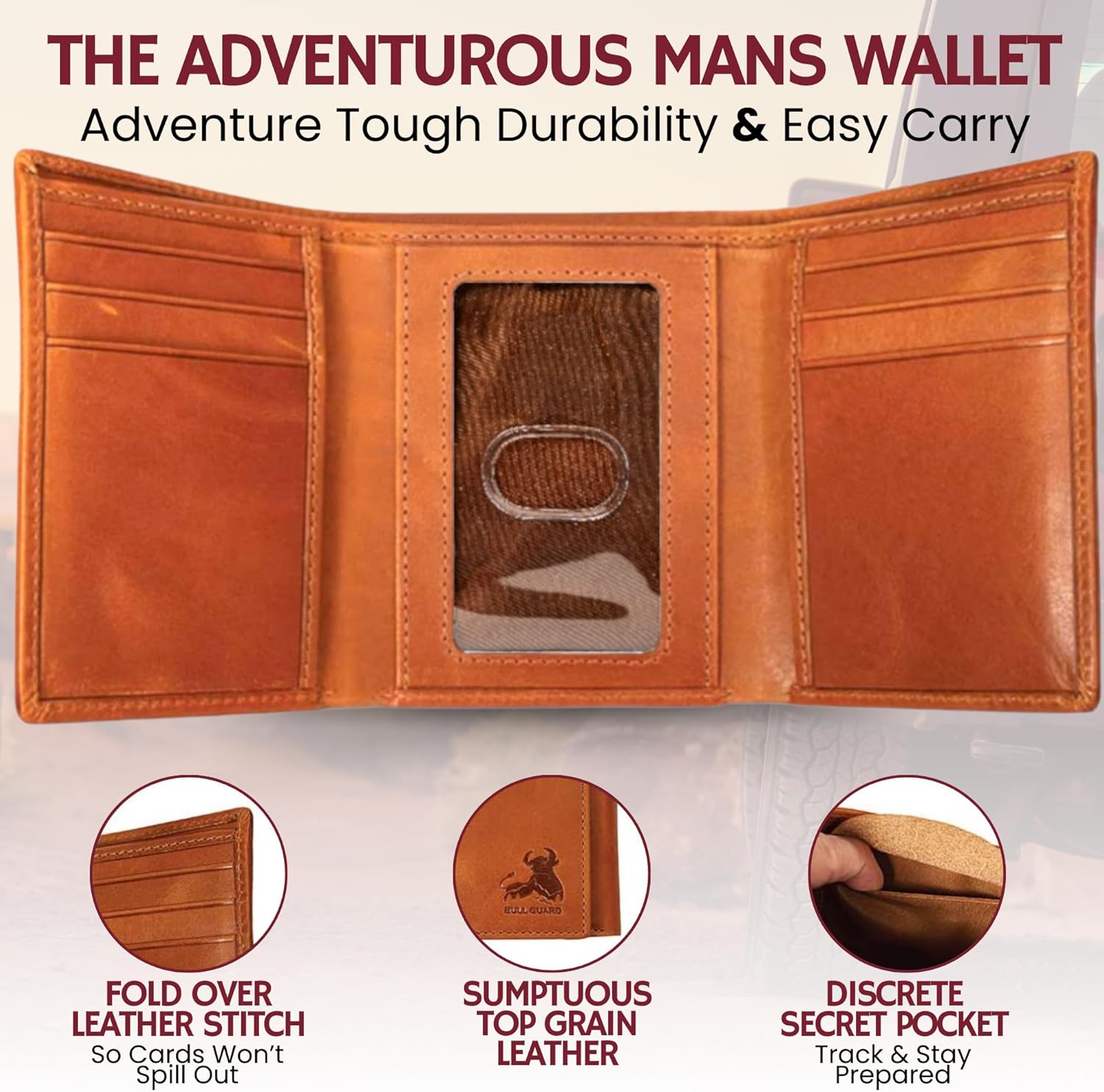 BULL GUARD Trifold Wallet with RFID For Men, Genuine Leather - Card and Cash Holder for Outdoors, Professionals