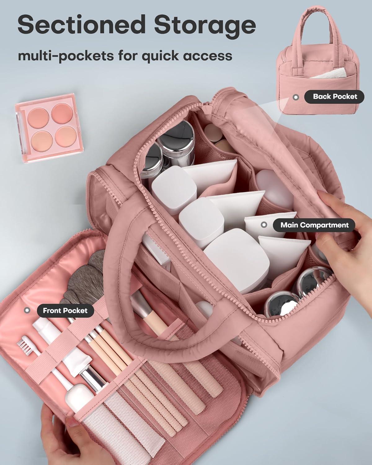 HOTOR Travel Toiletry Bag - Wide-Open Toiletry Bag for Women, Multi-Pocket Makeup Bag for Travel Essentials, Wet & Dry Separation Travel Accessories for Trip, Gym, 12.6" x 6.3" x 8.9", Dark Pink