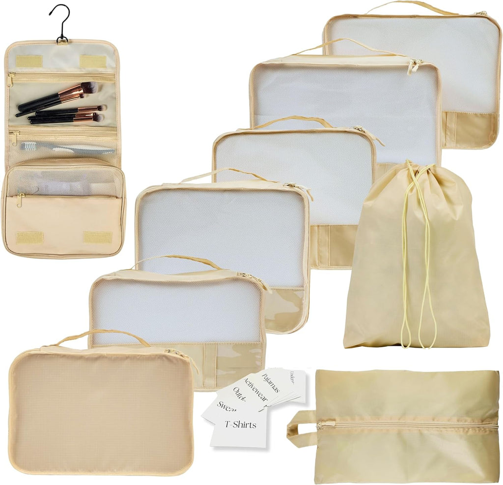 9 Set Packing Cubes - Suitcase Organizer, Cute Packing Cubes, Travel Bags Organizer for Luggage with Hanging Toiletry and Shoe Bag, Travel Essentials for Women, Men and Kids -Gold