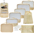 9 Set Packing Cubes - Suitcase Organizer, Cute Packing Cubes, Travel Bags Organizer for Luggage with Hanging Toiletry and Shoe Bag, Travel Essentials for Women, Men and Kids -Gold