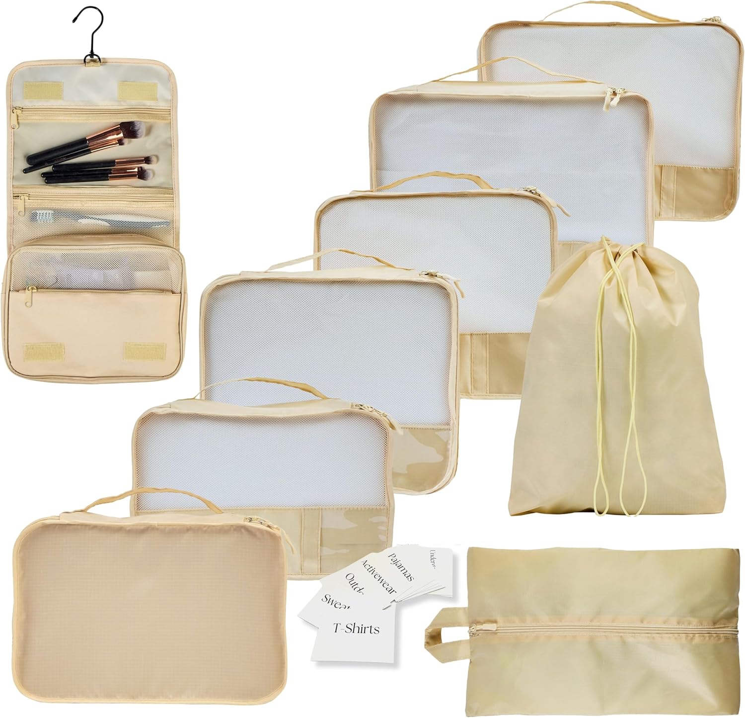 9 Set Packing Cubes - Suitcase Organizer, Cute Packing Cubes, Travel Bags Organizer for Luggage with Hanging Toiletry and Shoe Bag, Travel Essentials for Women, Men and Kids -Gold