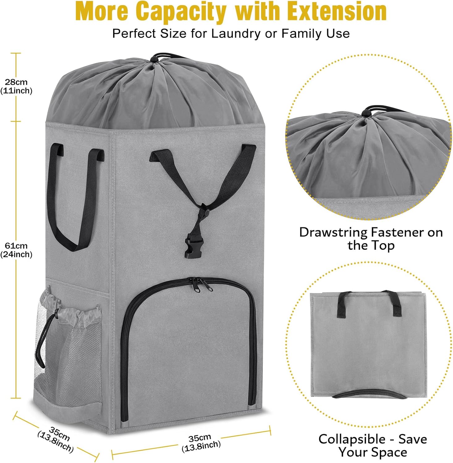 Laundry Bag Backpack Extra Large, 110L Laundry Backpack Heavy Duty with Shoulder Straps, Collapsible and Mesh Pocket Dorm Laundry Basket Hamper Bag for College, Travel, Laundromat, Apartment Grey