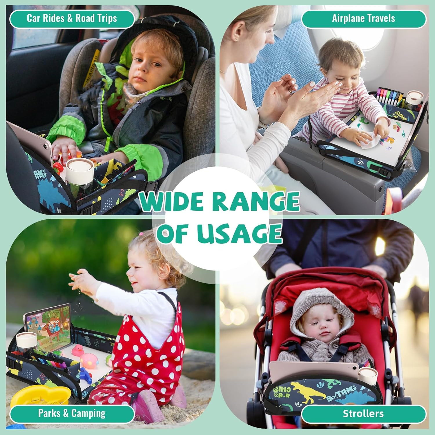 Kids Travel Tray for Airplane - Toddler Car Seat Table Tray, Road Trip Essentials for Boys & Girls, Carseat Lap Desk for Kids Road Trip Activities, Dinosaur