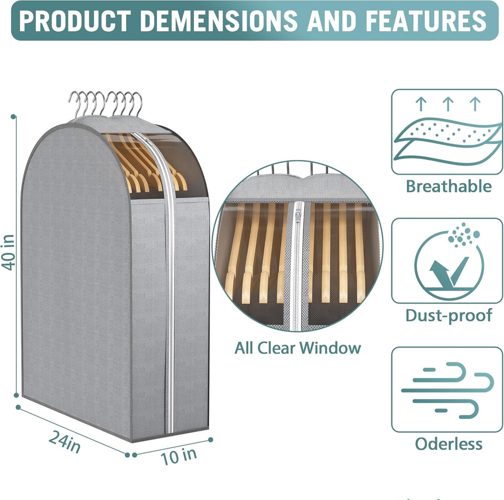10" Gusseted Garment Bags for Hanging Clothes with Clear Window, 32" Suit Bags for Open Closet Storage, Clothing Cover for Coat, Dress, Jacket, Shirt, Fur Wardrobe Protector, 3 Packs