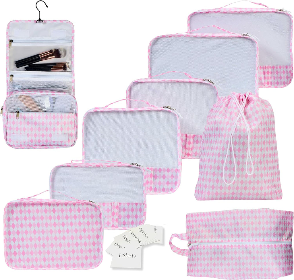 9 Set Packing Cubes - Suitcase Organizer, Cute Packing Cubes, Travel Bags Organizer for Luggage with Hanging Toiletry and Shoe Bag, Travel Essentials for Women, Men and Kids -Pink