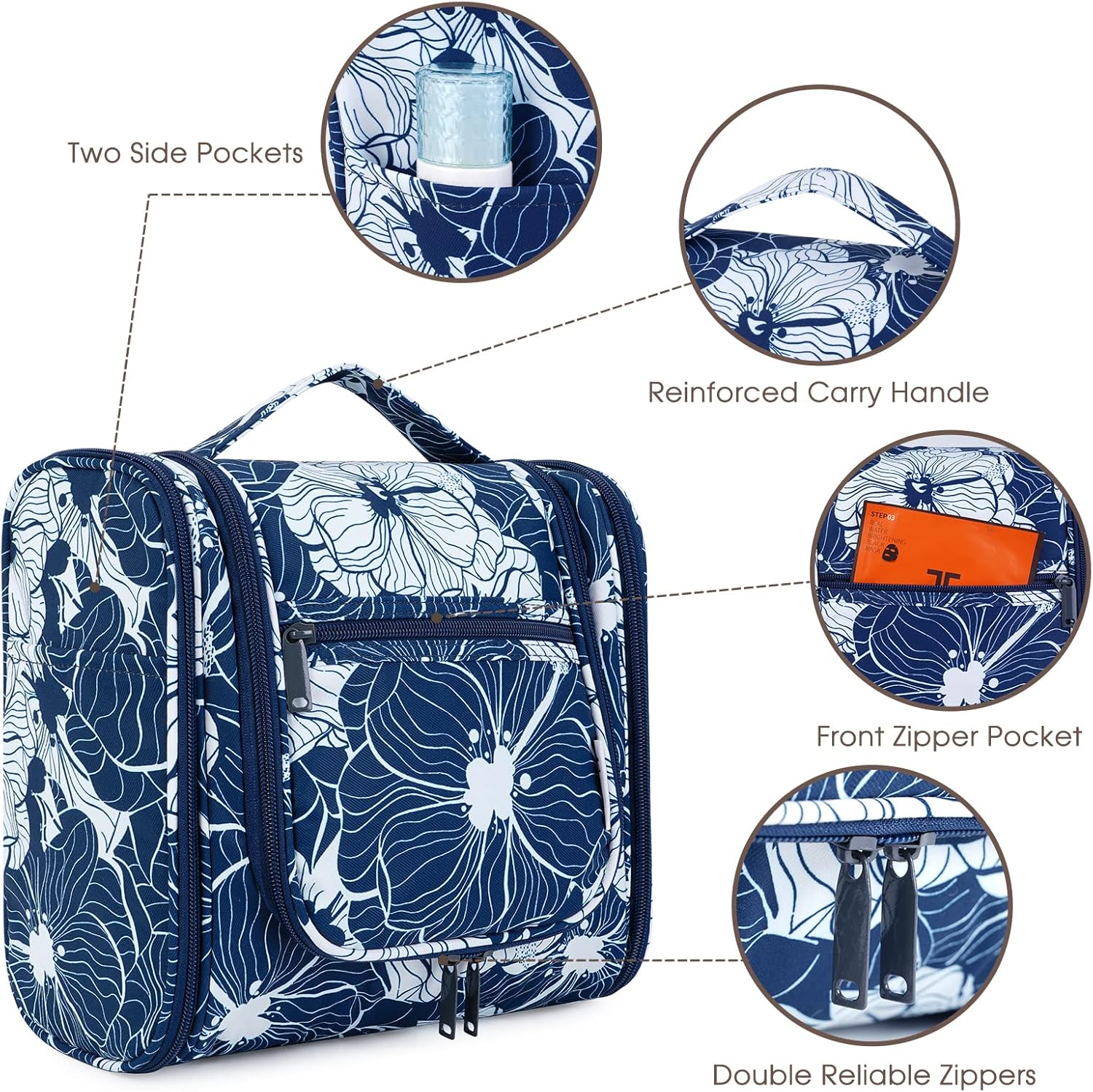 Narwey Hanging Toiletry Bag for Women Travel Makeup Bag Organizer Toiletries Bag for Cosmetics Essentials Accessories (Large, Blue Lotus)
